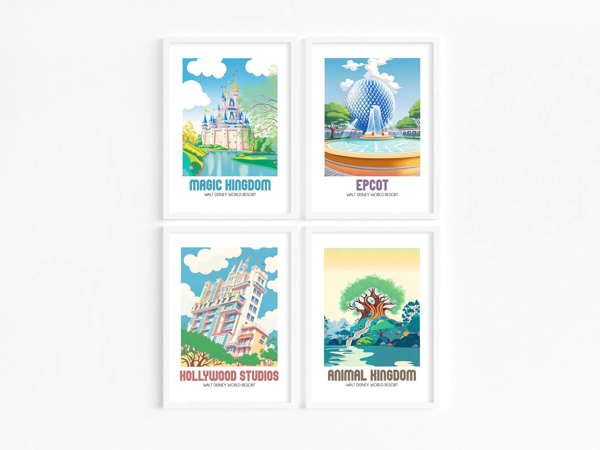 Walt Disney World Themed Retro Illustration Posters | Set of 4 | All 4 Parks
