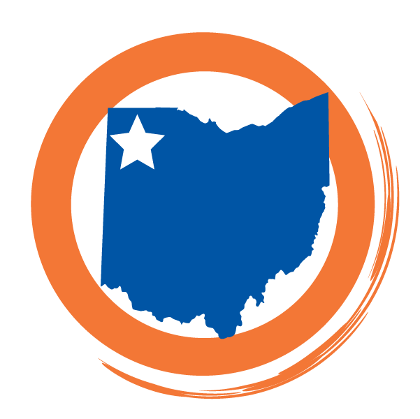 Blue outline of Ohio state with a white star in the northwest, surrounded by an orange circular swirl.