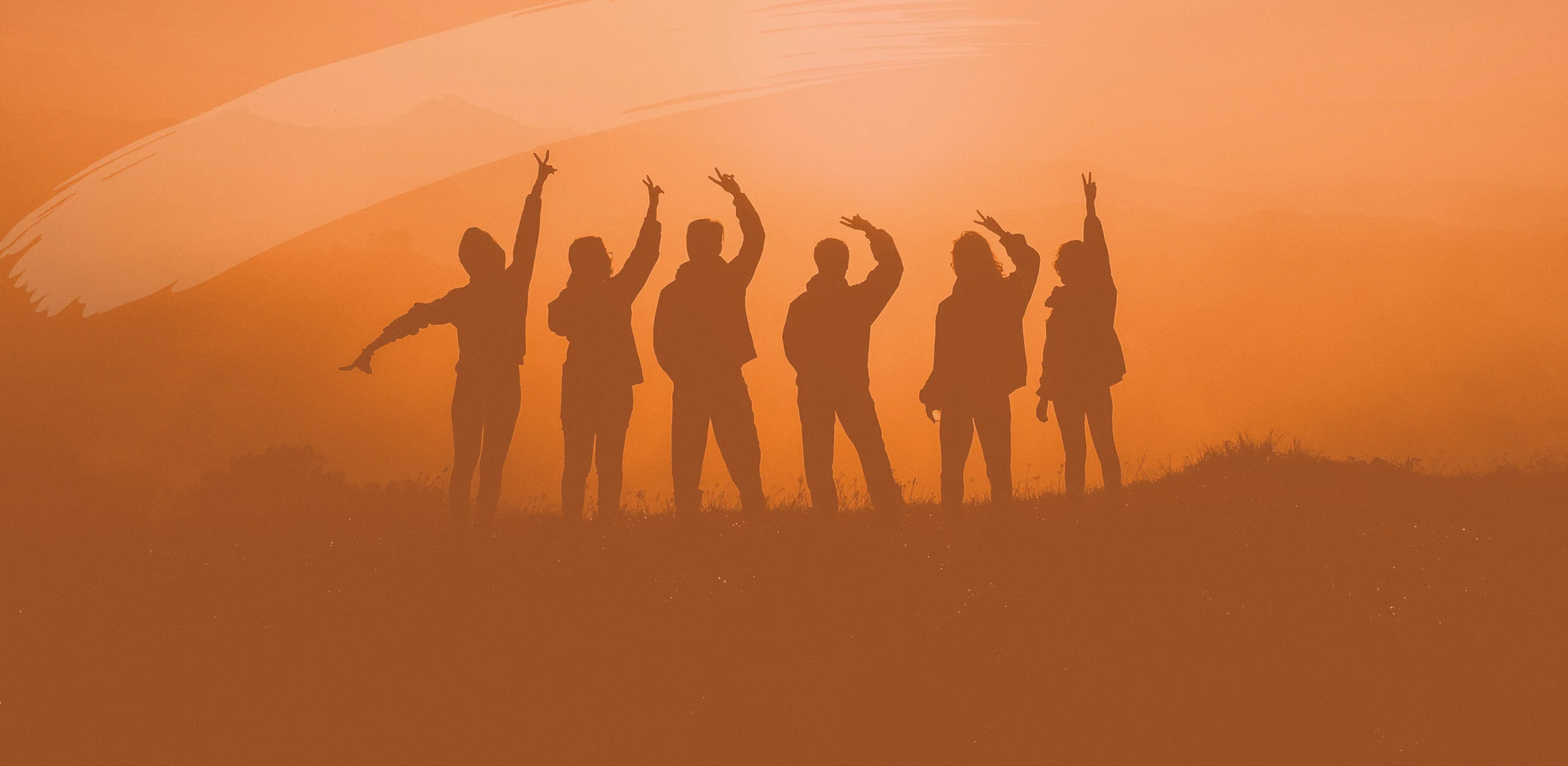 Silhouettes of six people standing on a hill at sunset, with arms raised in peace signs against an orange sky.