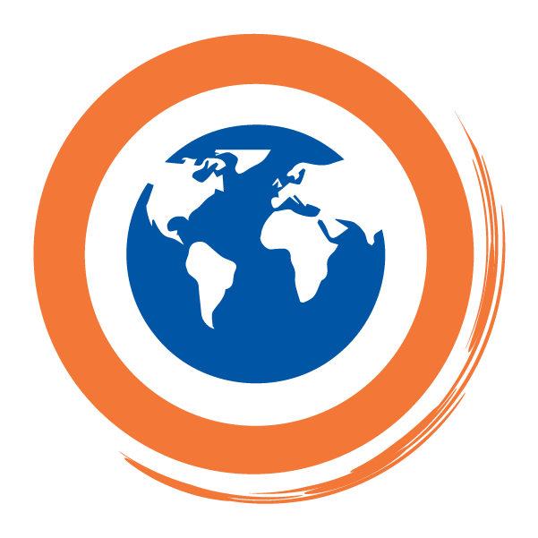 Stylized globe with orange orbit