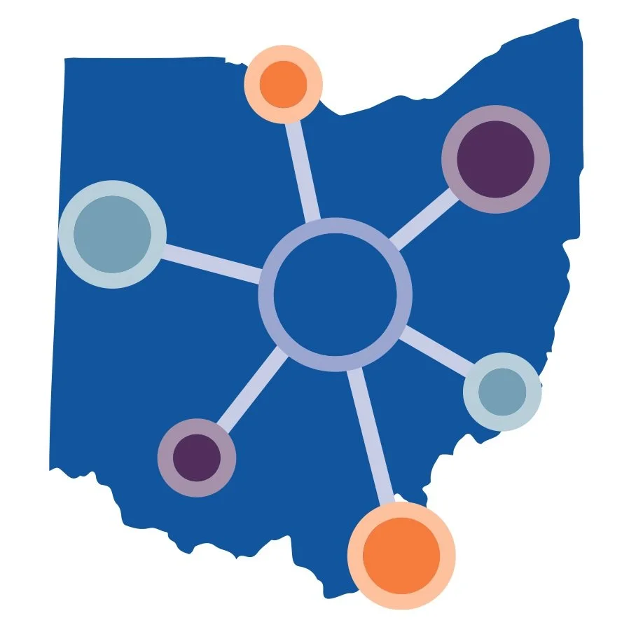 Illustration of Ohio's map in blue with network nodes and connecting lines