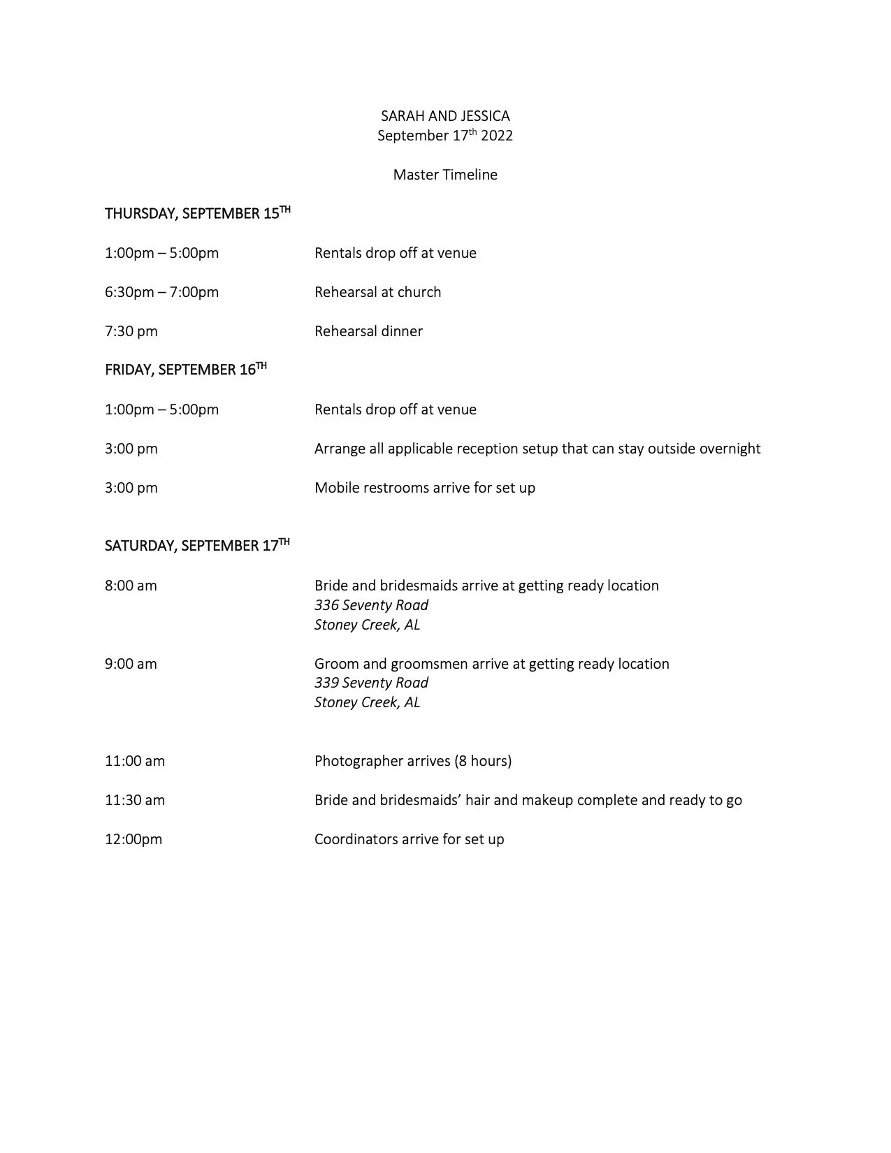 Example of a master timeline for a wedding day.
