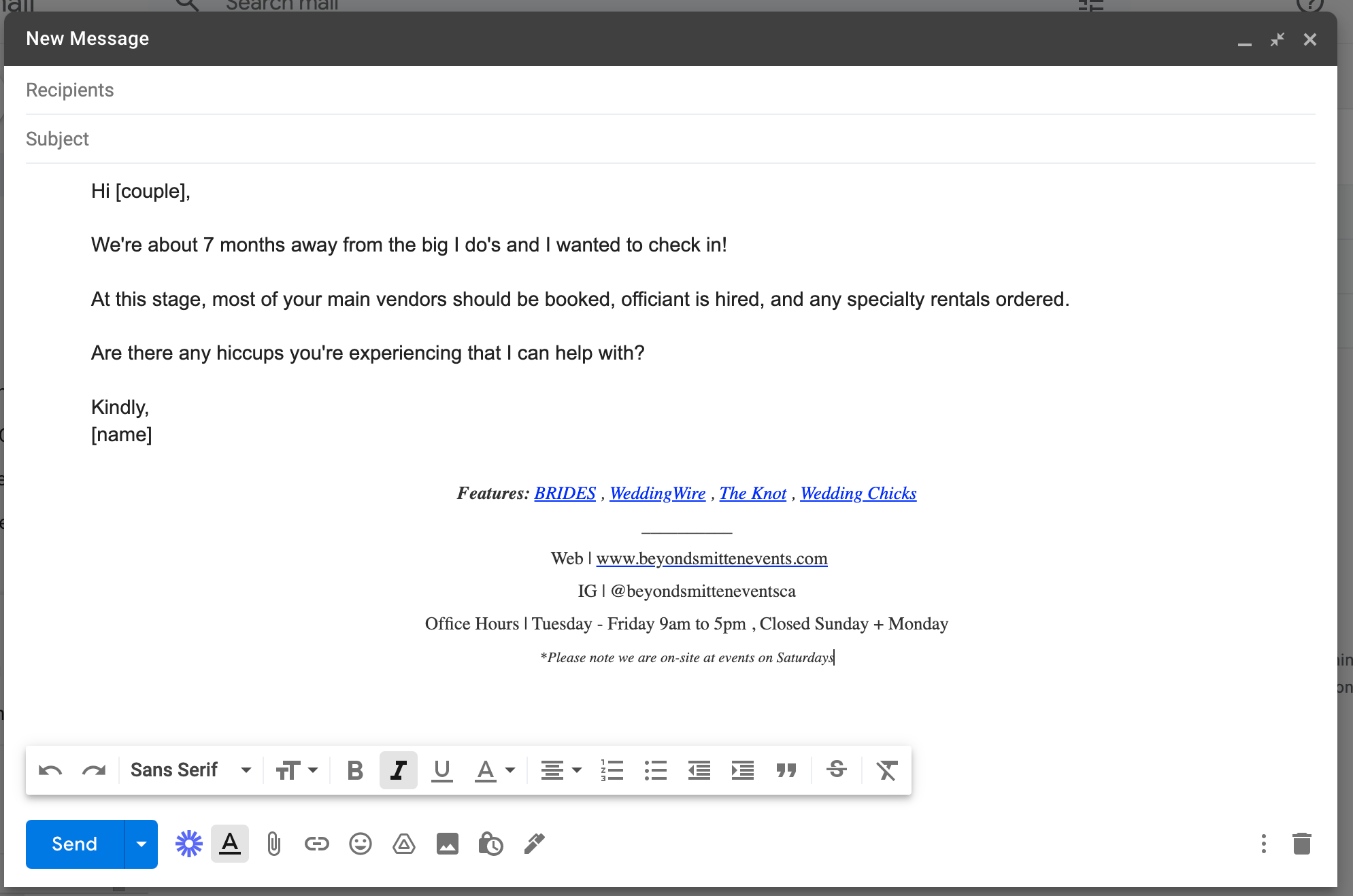 Wedding planner client check in email template