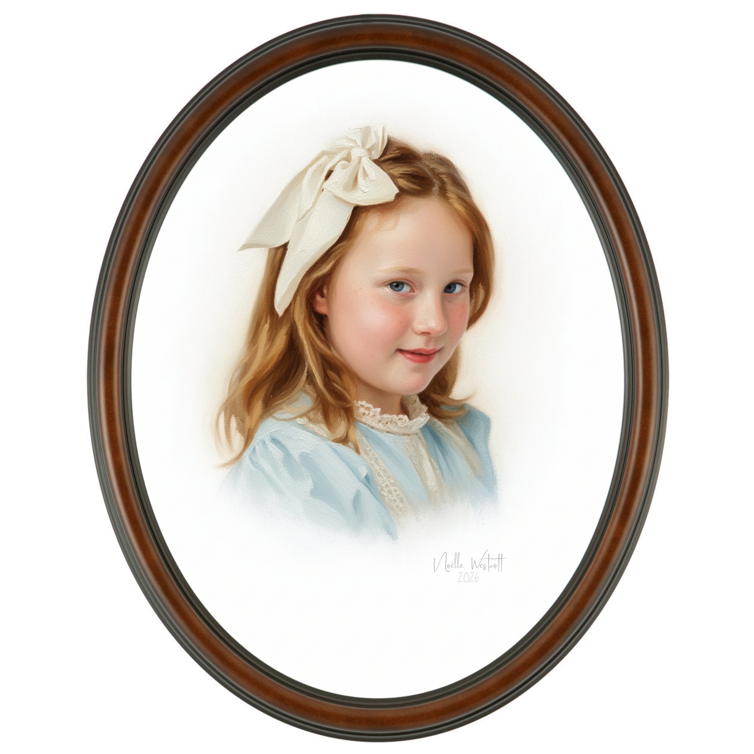 Portrait of a young girl with red hair and blue eyes, wearing a light blue dress with lace details and a large cream-colored bow in her hair, set in an oval wooden frame.