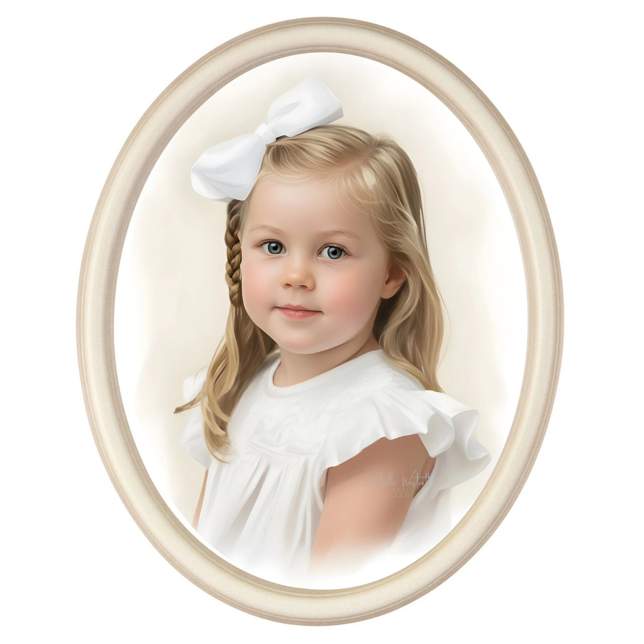 Young girl with blonde hair and blue eyes wearing a white dress and a large white bow in her hair, framed in an oval-shaped beige frame.