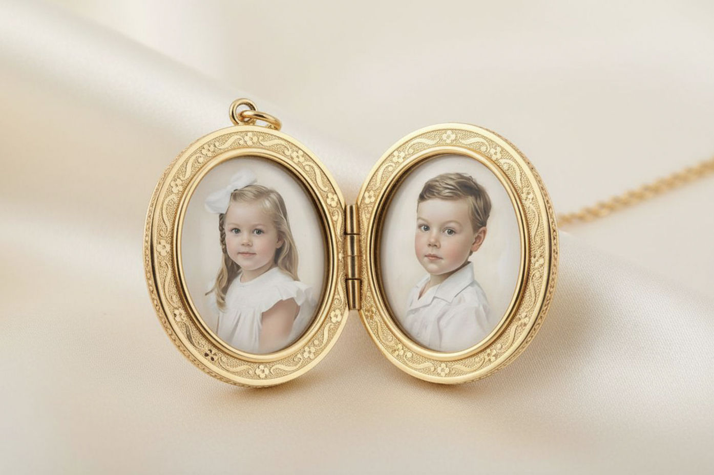 A gold locket with two oval picture frames, containing a young girl with a white bow in her hair on the left and a young boy with short hair on the right, resting on a cream-colored satin fabric.