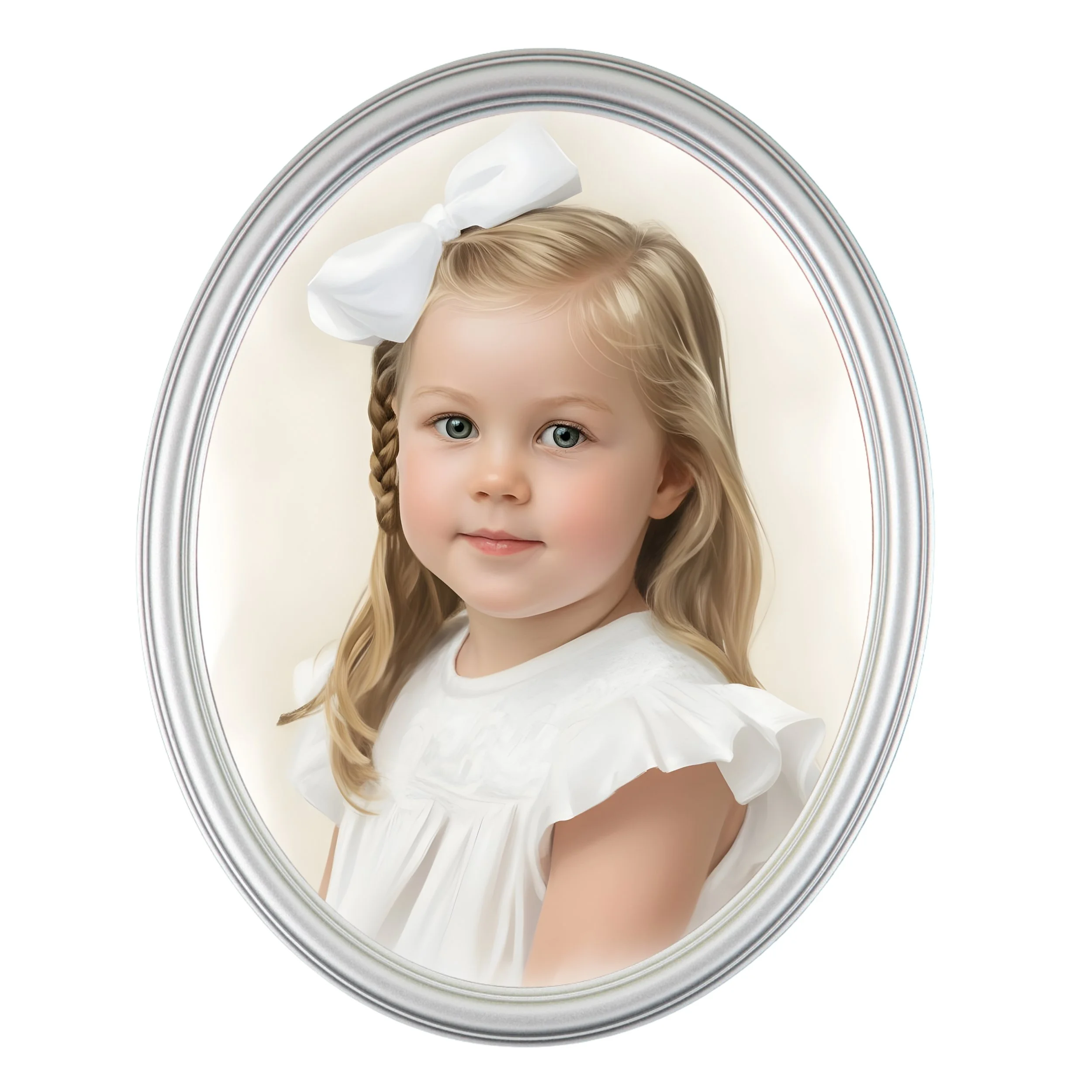 Portrait of a young girl with blonde hair, blue eyes, wearing a white dress with ruffled sleeves and a large white bow in her hair, framed in an oval silver frame.