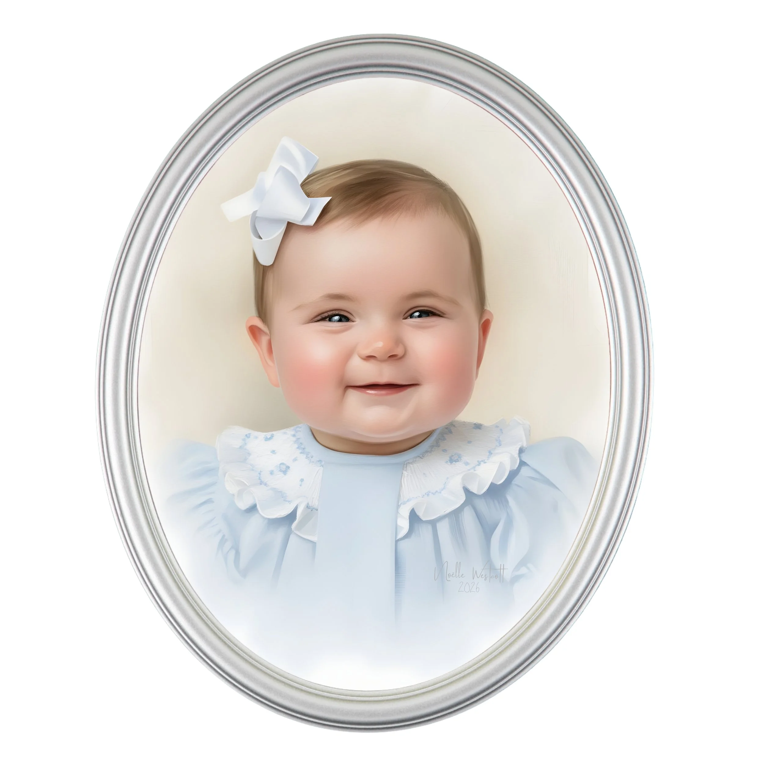 A smiling baby girl with a white bow in her hair, wearing a light blue dress with ruffled collar, inside an oval silver frame.