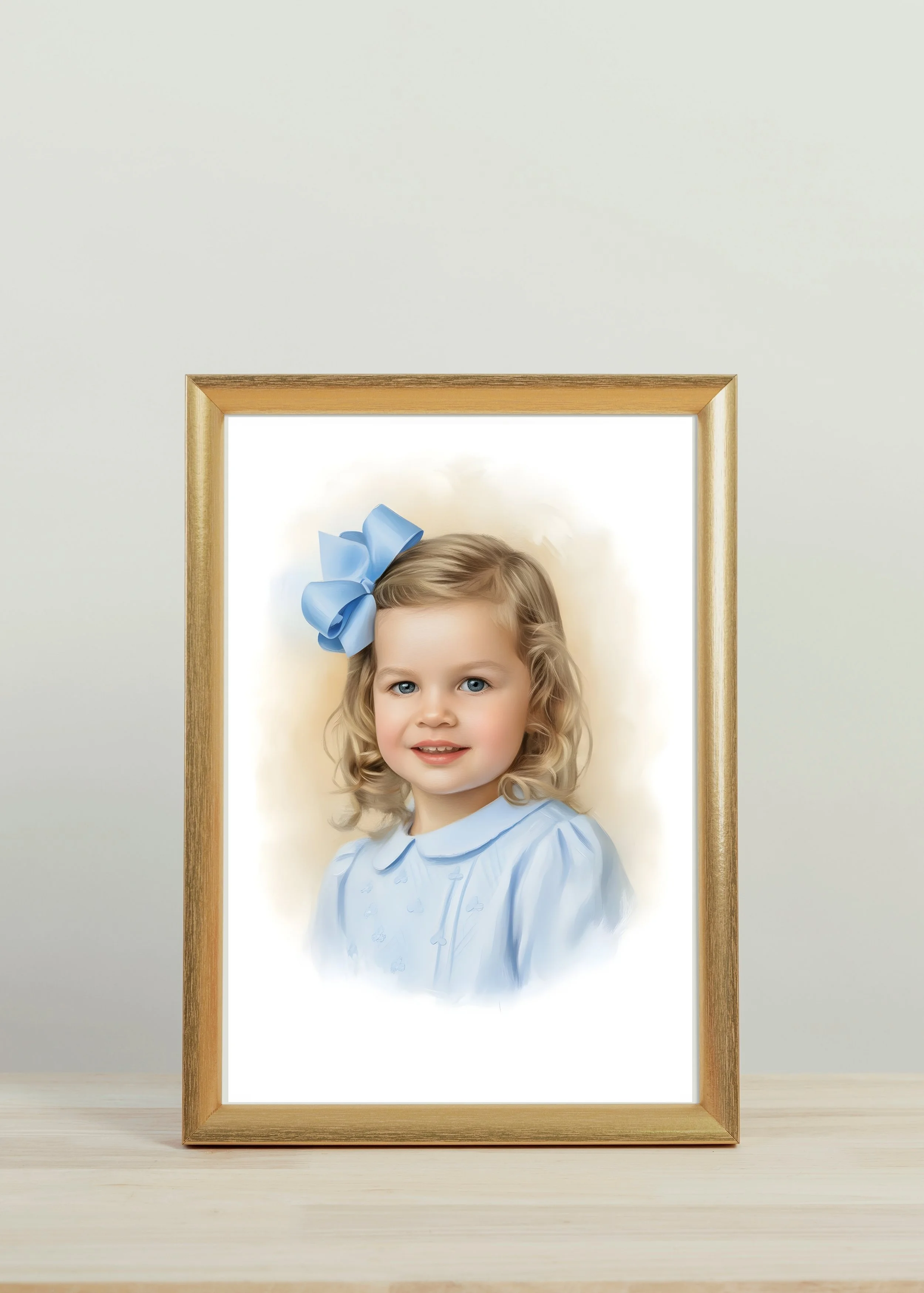 Framed portrait of a young girl with curly blonde hair, blue eyes, wearing a light blue dress with an embroidered pattern and a large blue bow in her hair, displayed on a light wooden surface against a plain white wall.
