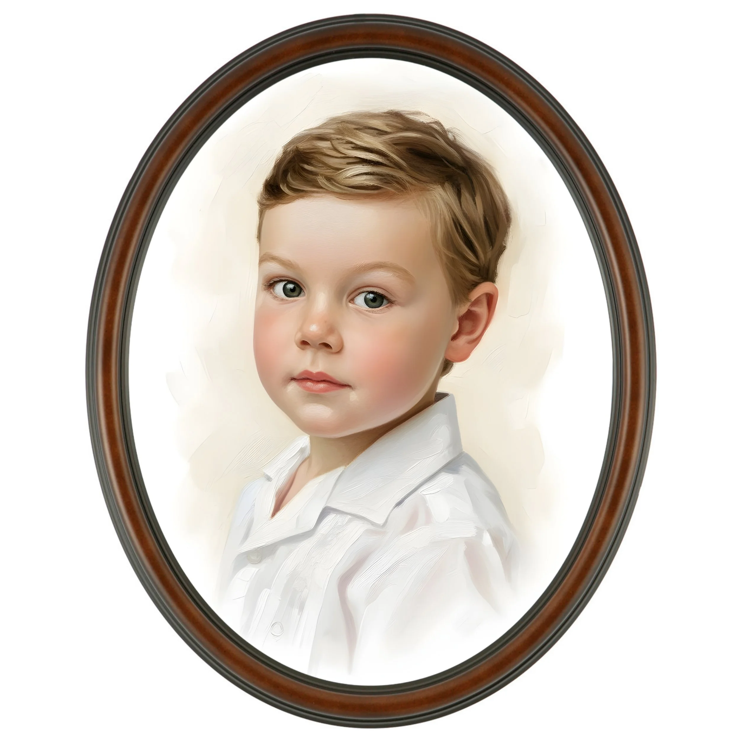 A young boy with light brown hair and blue eyes, wearing a white collared shirt, appears in a vintage oval wooden frame.