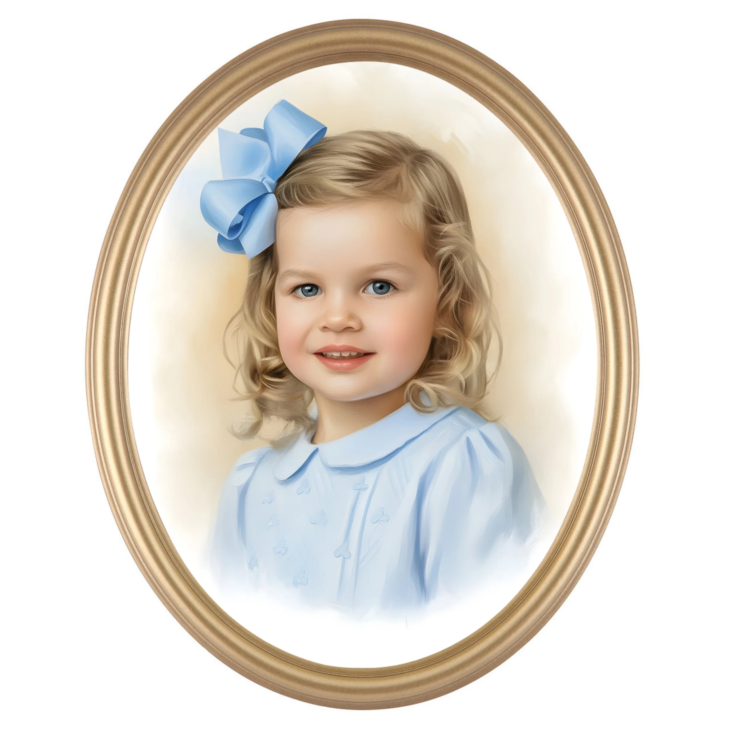 A portrait of a young girl with curly blonde hair, blue eyes, wearing a light blue dress with a Peter Pan collar and a large blue bow in her hair, framed in an oval gold frame.