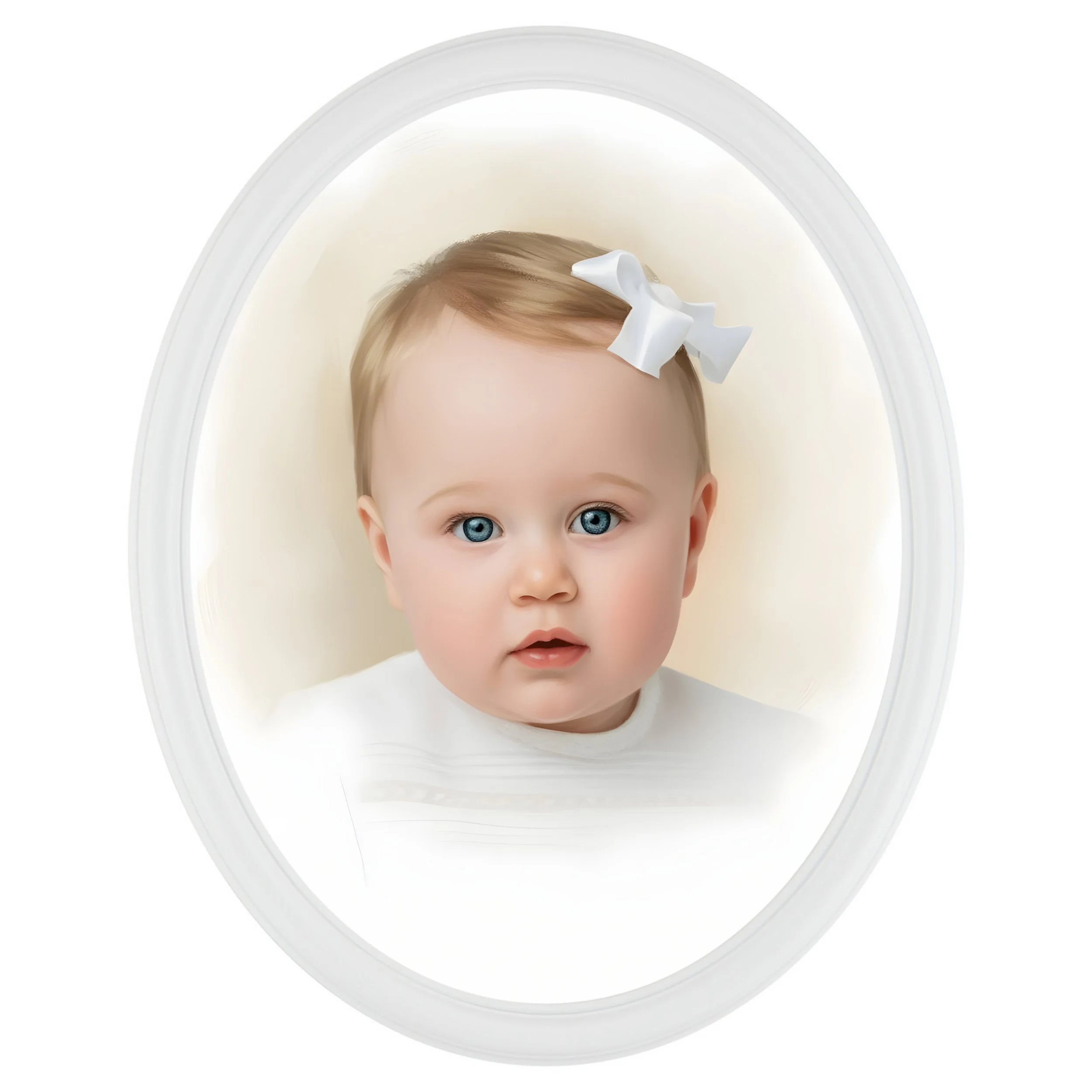 A baby girl with blue eyes and light brown hair wearing a white bow and white top in an oval-shaped frame.