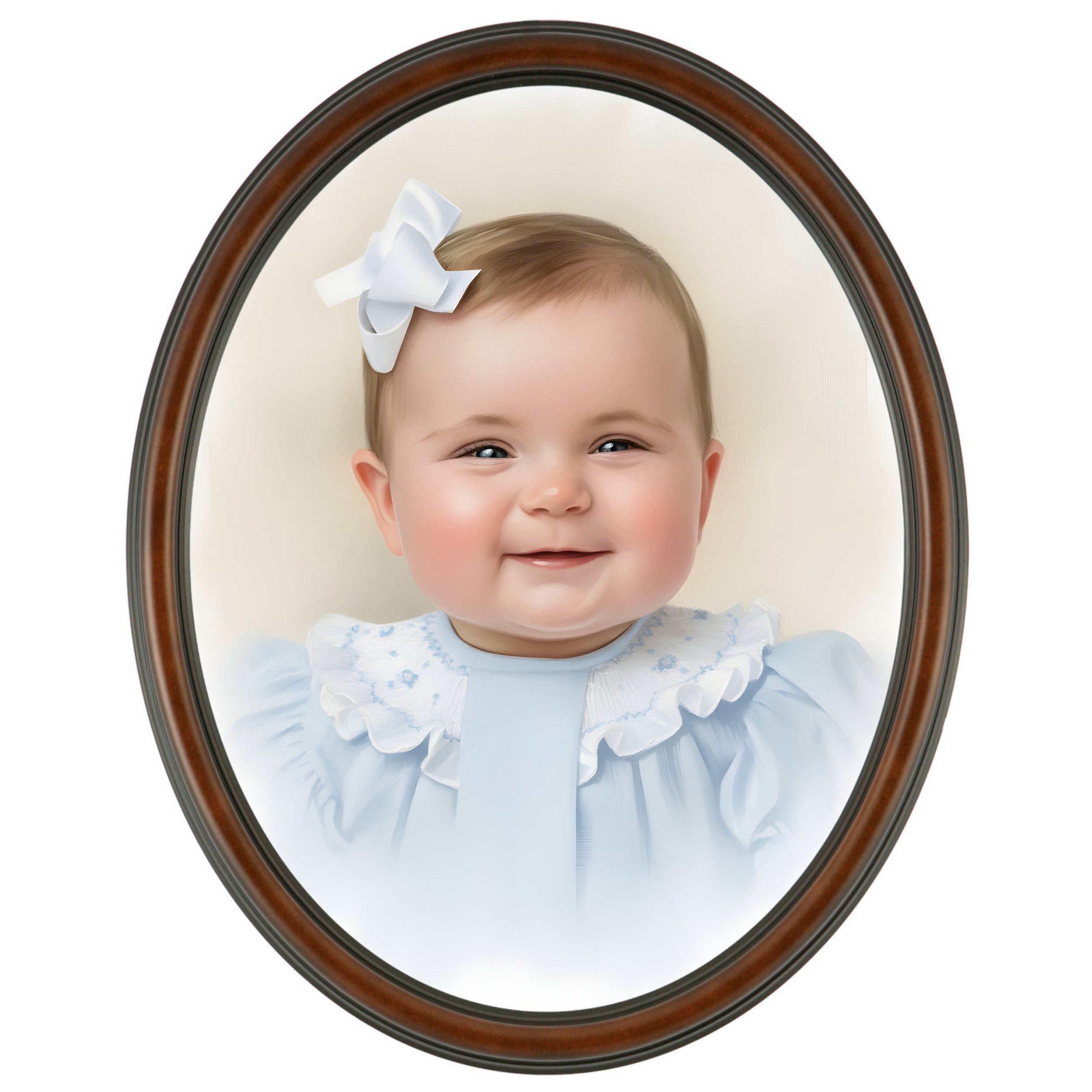 A baby girl with a white bow in her hair, smiling, wearing a light blue dress with ruffled collar, reflected in an oval mirror with a wooden frame.