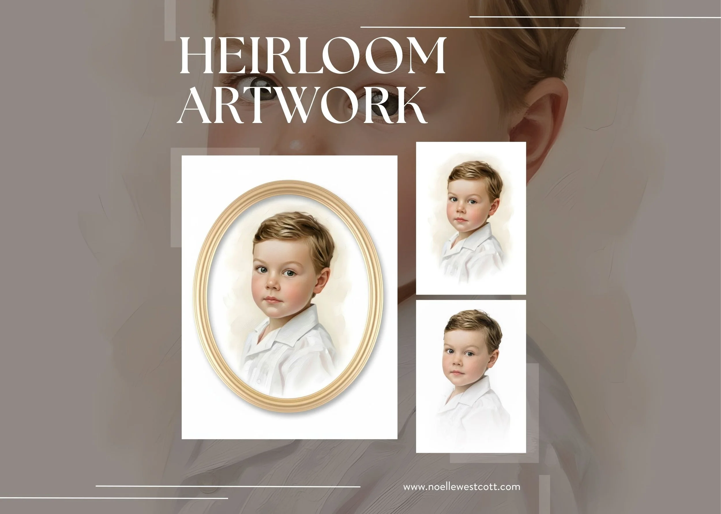 A hand-painted heirloom portrait of a young boy in a white heirloom shirt, framed in an oval