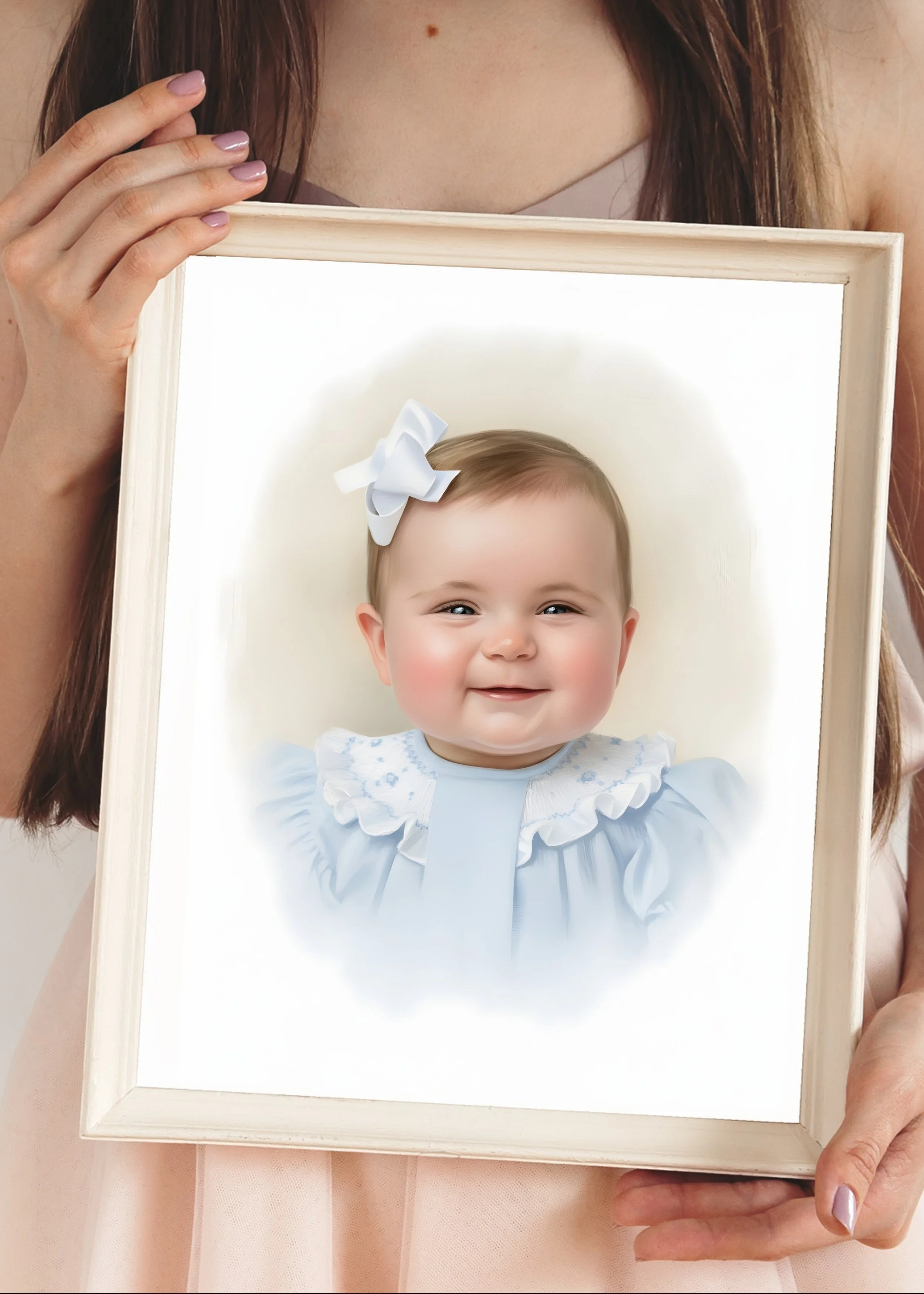Person holding a framed photograph of a smiling baby girl with a white bow in her hair, dressed in light blue with ruffled sleeves.