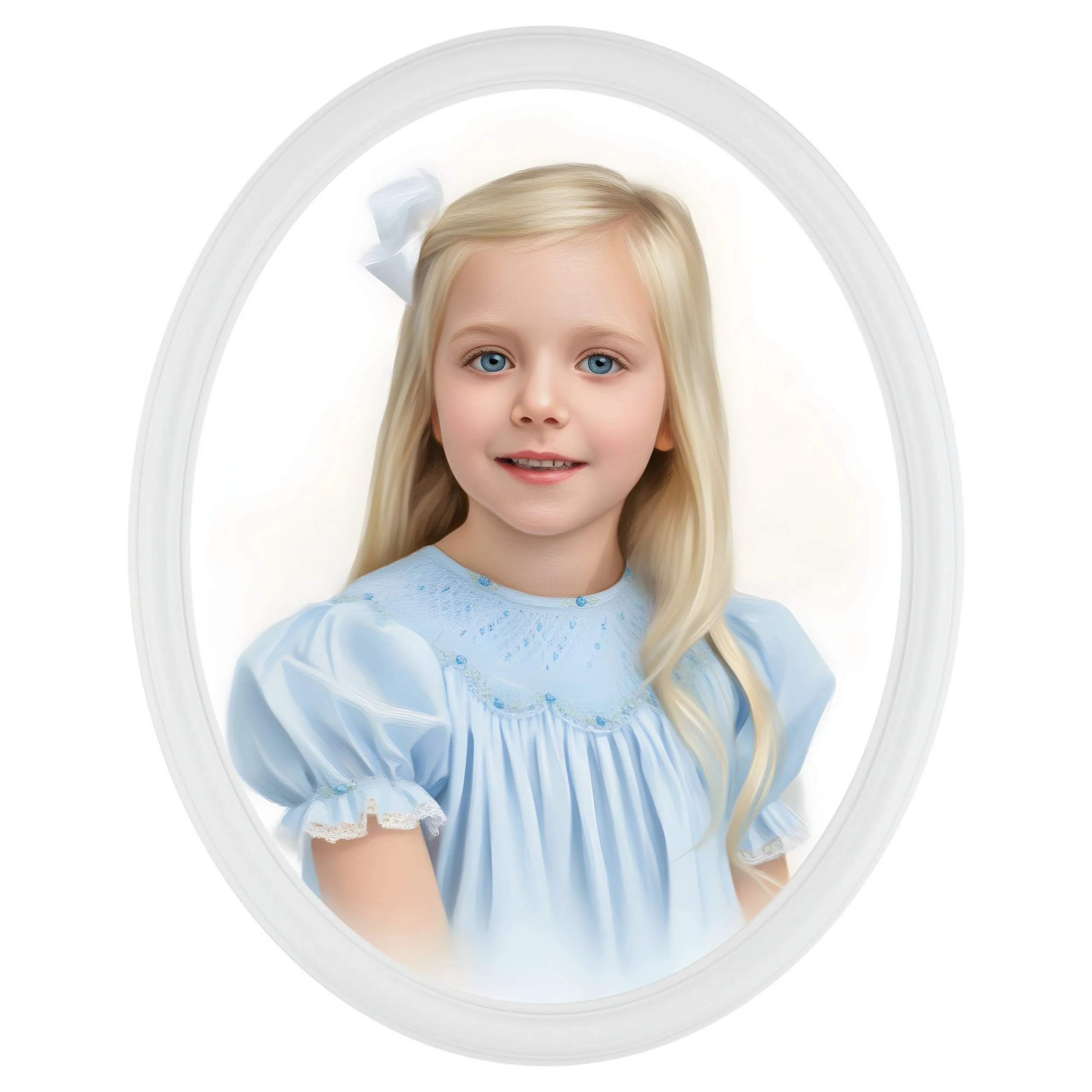 Portrait of a young blonde girl with blue eyes, wearing a light blue dress with puffed sleeves and lace trim, inside a white oval frame.