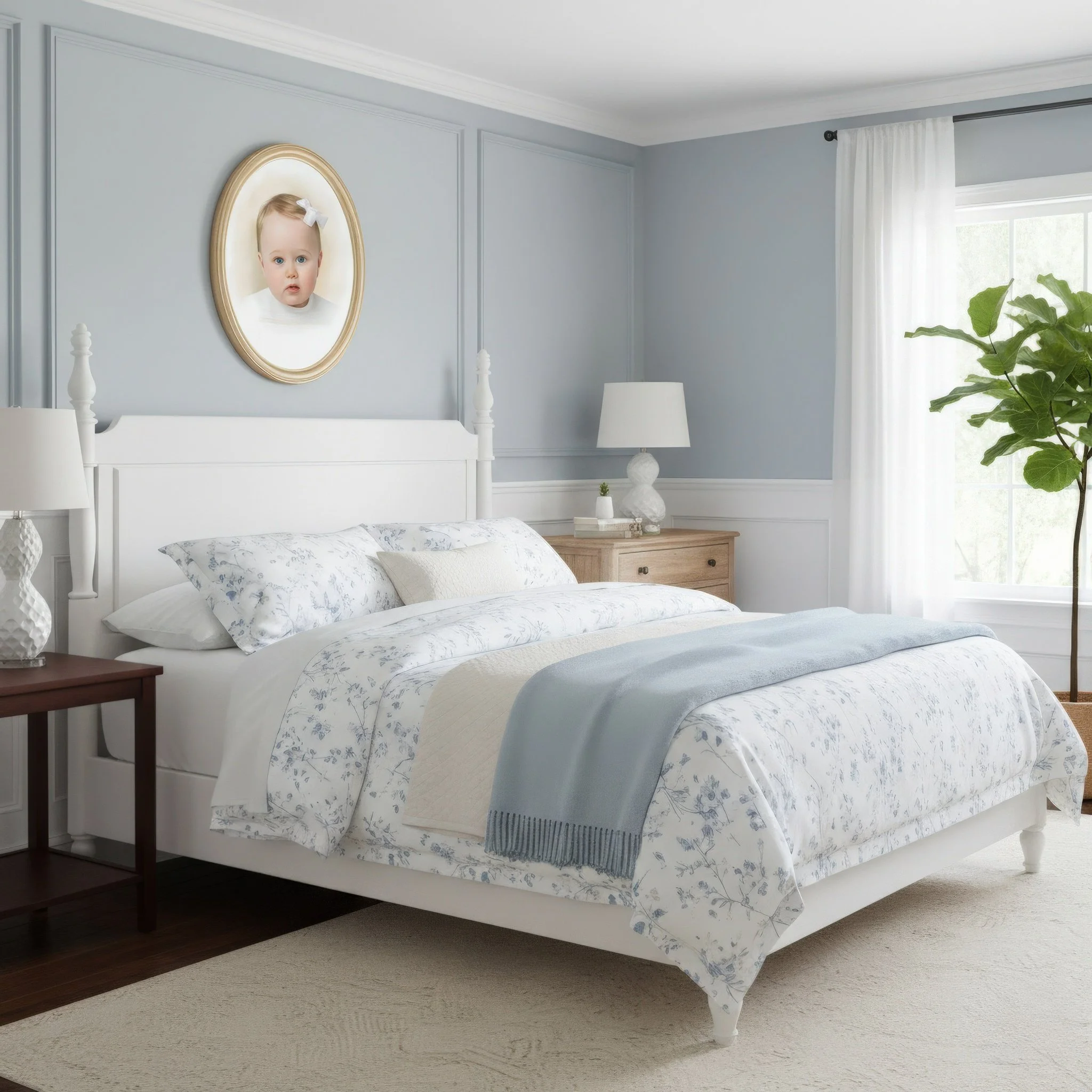 A bedroom with light blue walls, a white bed with floral bedding, a wooden nightstand with a lamp and small plant, and a large window with white curtains. Sunglasses are hanging on the side of the window.