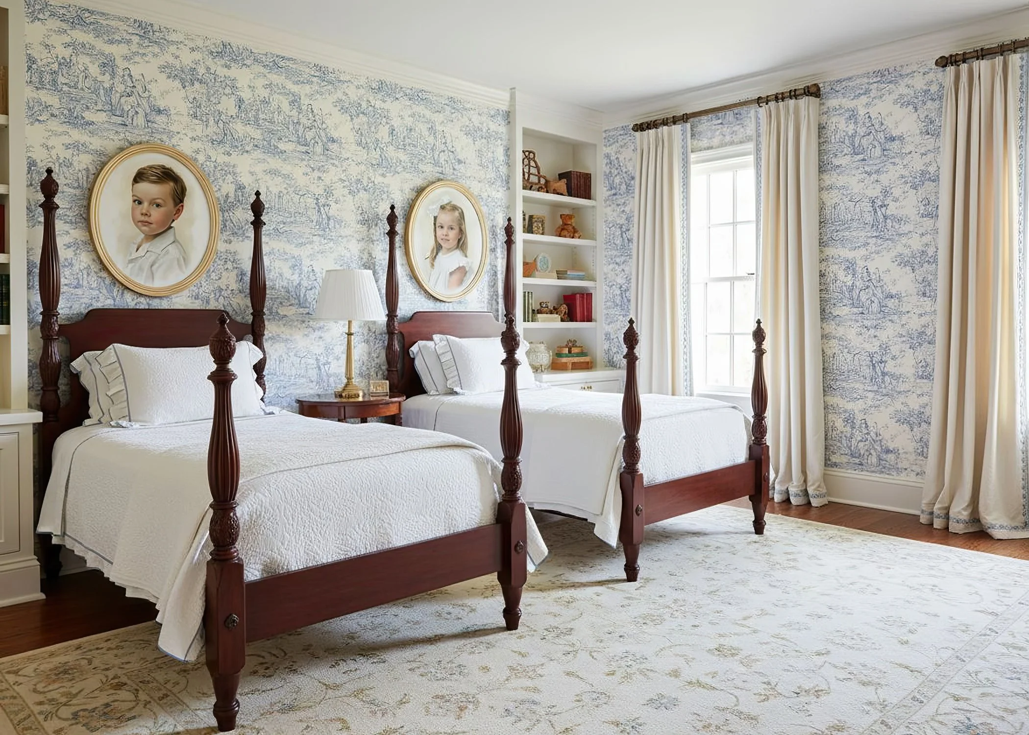 A bedroom with two wooden four-poster beds with white quilts and pillows, a nightstand with a lamp between the beds, and white curtains on a window, with a blue and white toile wallpaper and built-in shelves in the corner.