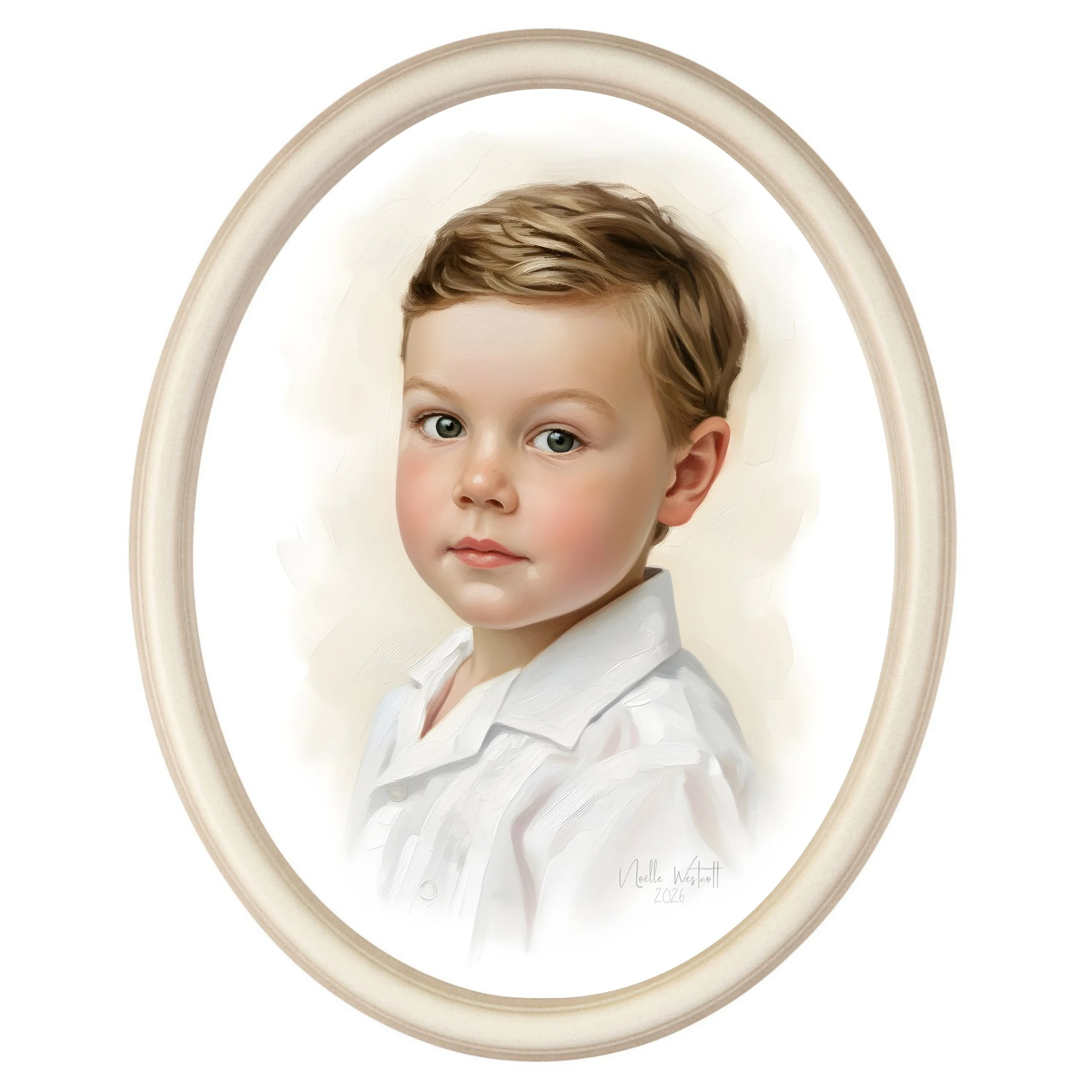 Digital portrait of a young boy with light brown hair and blue eyes, wearing a white shirt, framed in an oval shape.