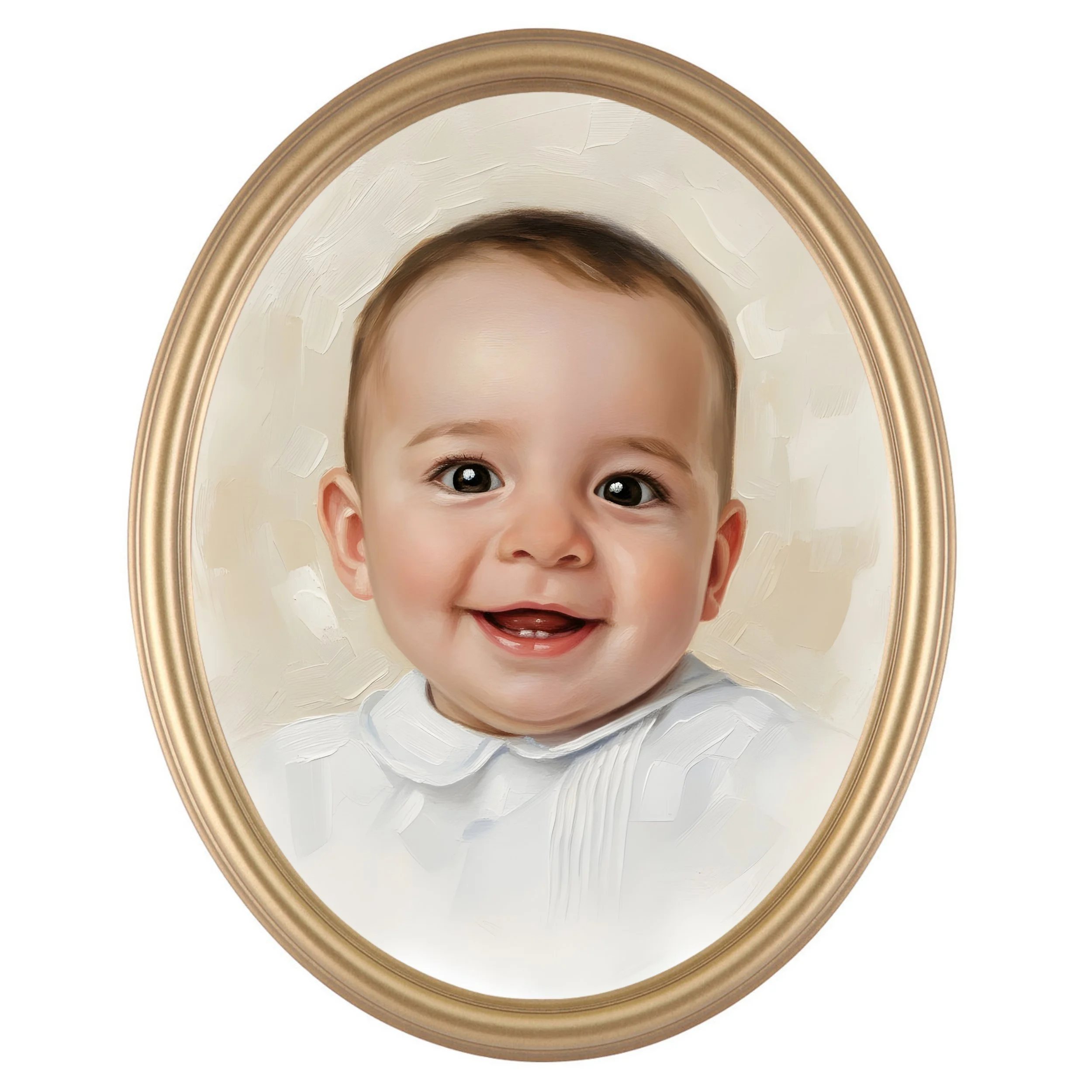 Smiling baby with brown hair and big eyes in an ornate oval picture frame.