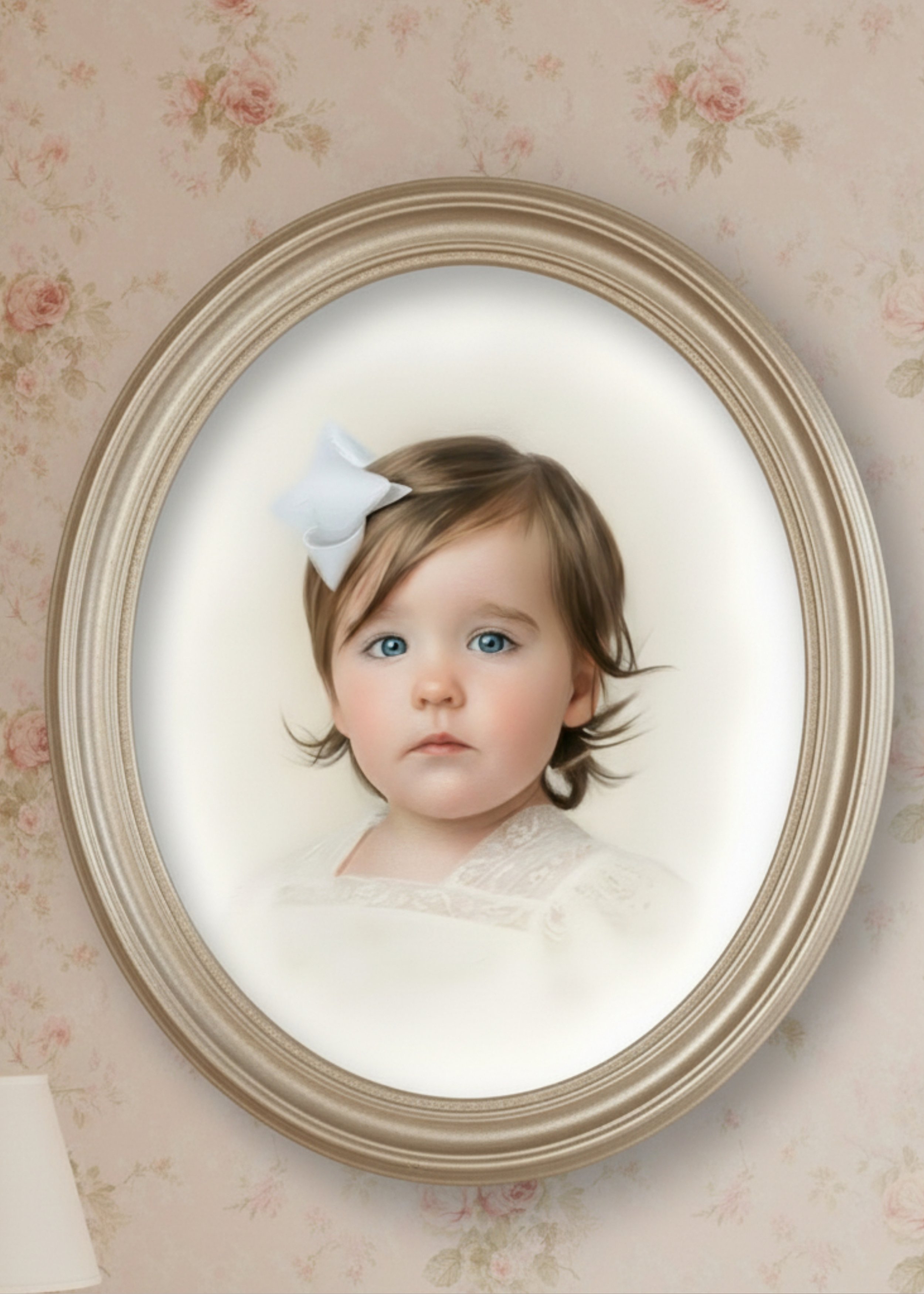 A framed portrait of a young girl with blue eyes and light brown hair, wearing a white bow, set against a floral wallpaper background.