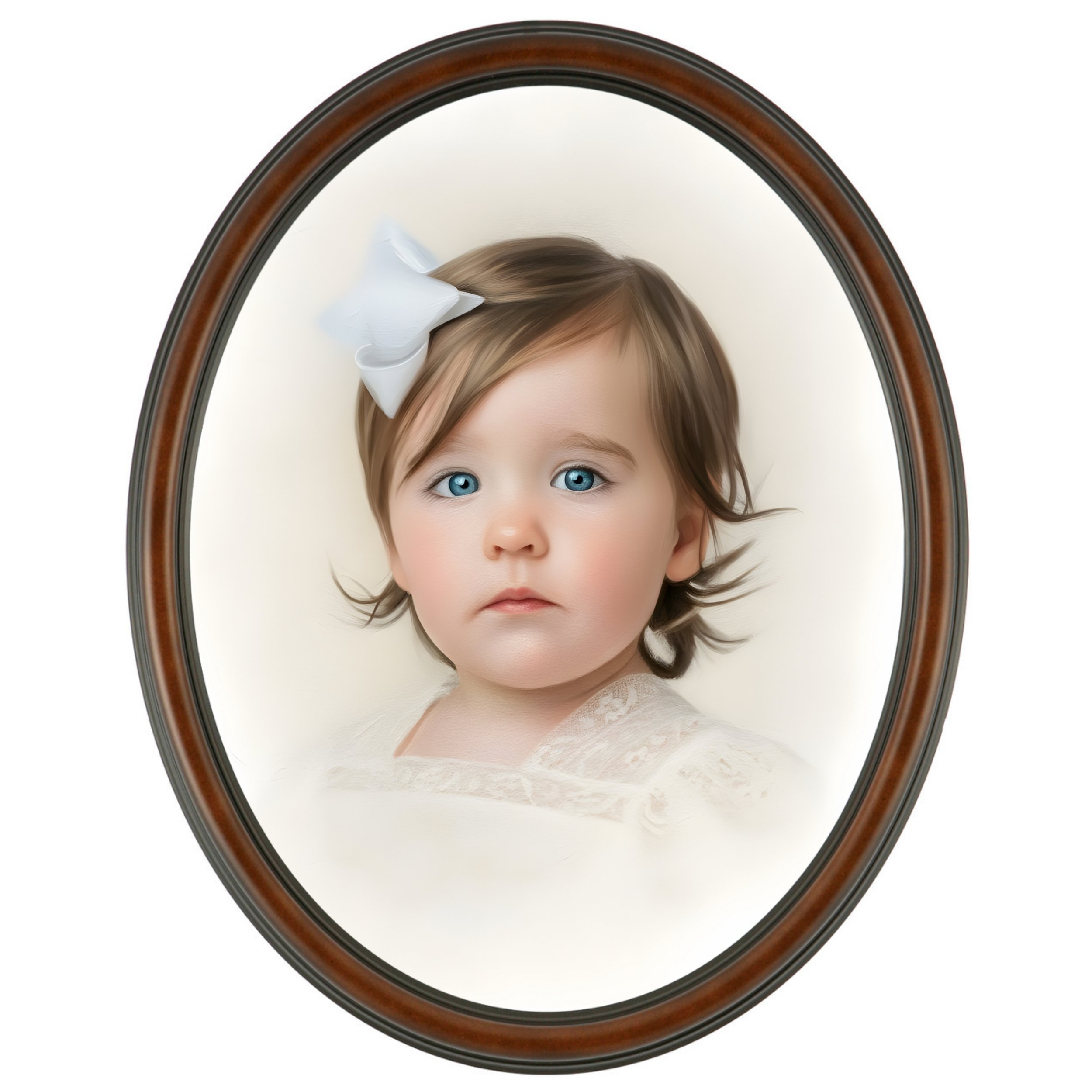 Portrait of a young girl with blue eyes and brown hair, wearing a white lace dress and a white bow hair accessory, inside an oval wooden frame.