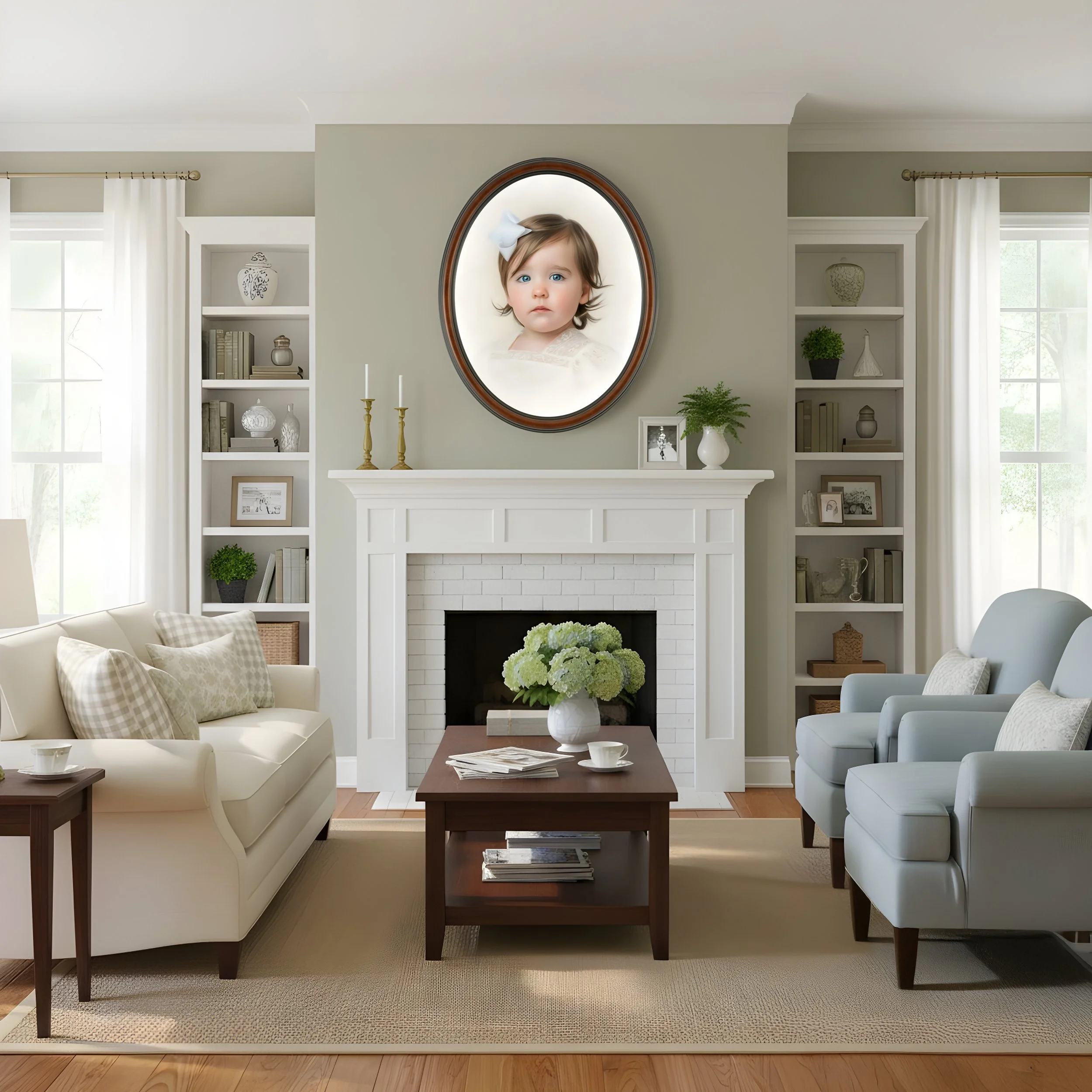 Living room with white sofa, blue armchair, wooden coffee table with a vase of green flowers, and built-in bookshelves flanking a white fireplace. Above the fireplace is a framed portrait of a young girl with blue eyes and a white bow, reflected in a