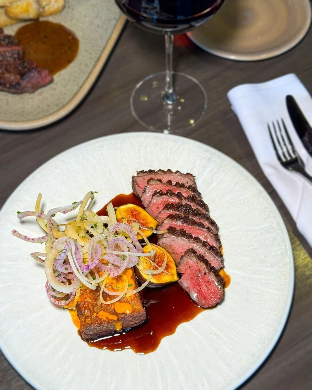 Duck, three ways✨
rougie duck breast, duck confit katsu, beets, daikon, kohlrabi, fig demi glace &amp; foie gras snow 

Saturday night starts here. Reservations at our [ link in bio ]