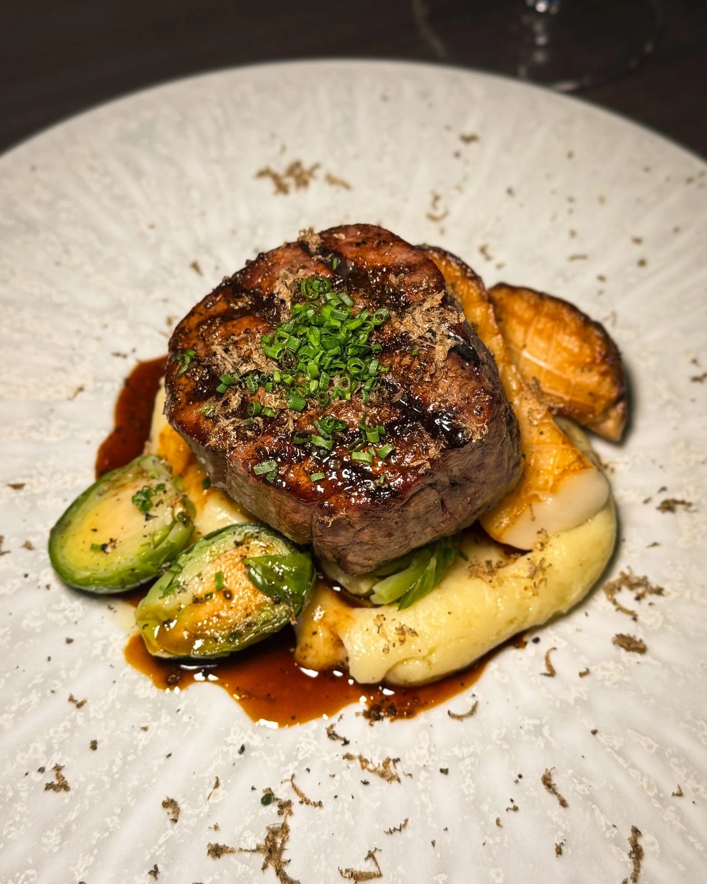 When indulgence calls, answer🤩 
Beef tenderloin with pommes aligot, king oyster mushrooms, fried Brussels, Madeira demi-glace and fresh black truffle

See you for dinner? Resos at the [ link in bio ]