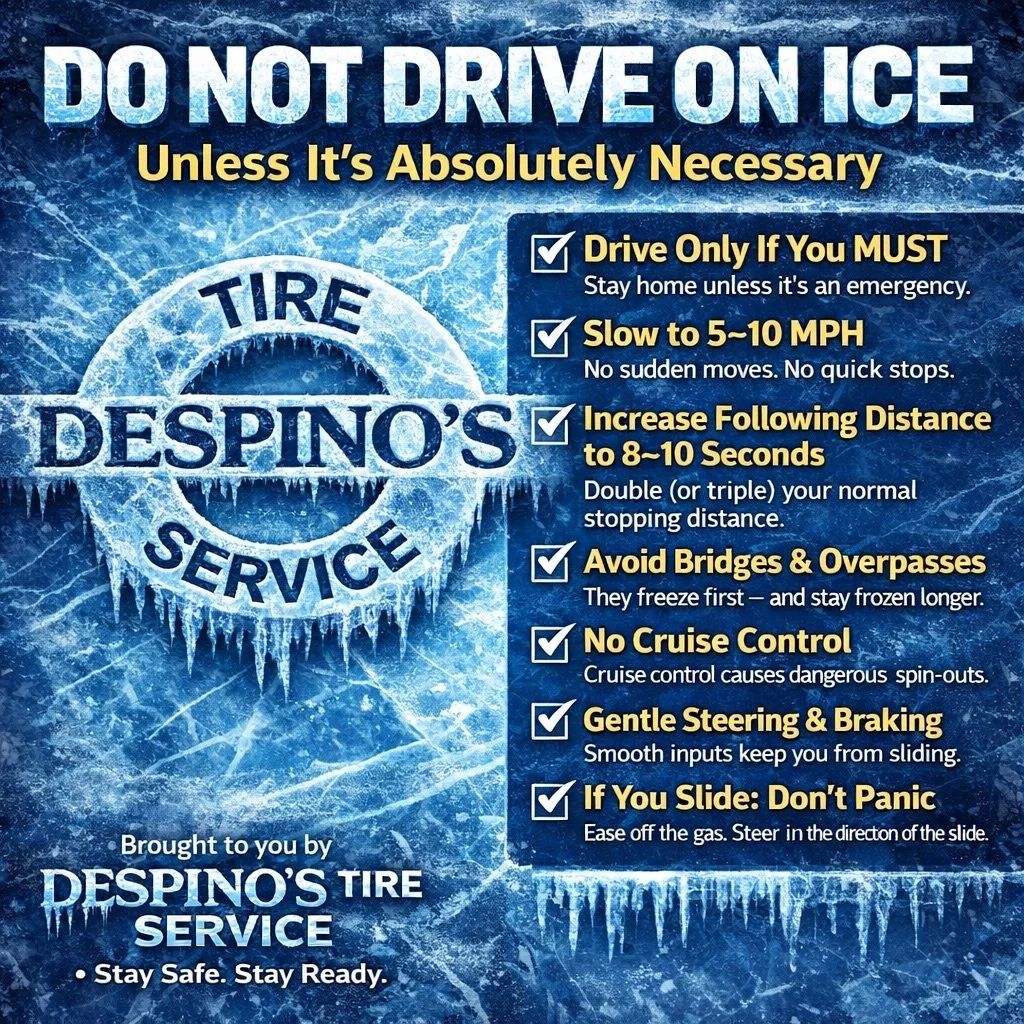 🚨 SAFETY NOTICE FROM DESPINO&rsquo;S TIRE SERVICE 🚨 We&rsquo;re seeing dangerous conditions across the region. Please &mdash; stay off the roads if you can.

If you must drive, these small choices can prevent serious accidents:

✔️ Slow to 5&ndash;