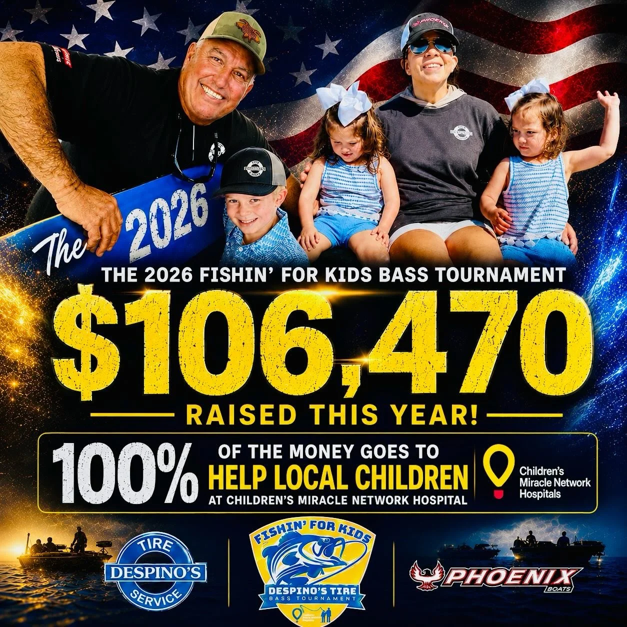 $106,470 RAISED IN 2026 Despino Tire Fishin&rsquo; for Kids Bass CMN Bass Tournament 💰 100% Payout ❤️ This was never just a fishing tournament &mdash; It is a community showing up for local children Children&rsquo;s Miracle Network. 

To every spons