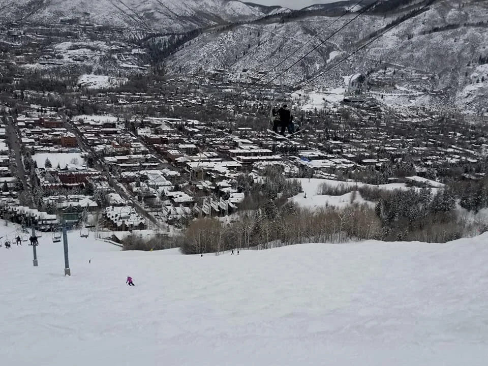 powder day at ajax, looking down at aspen village