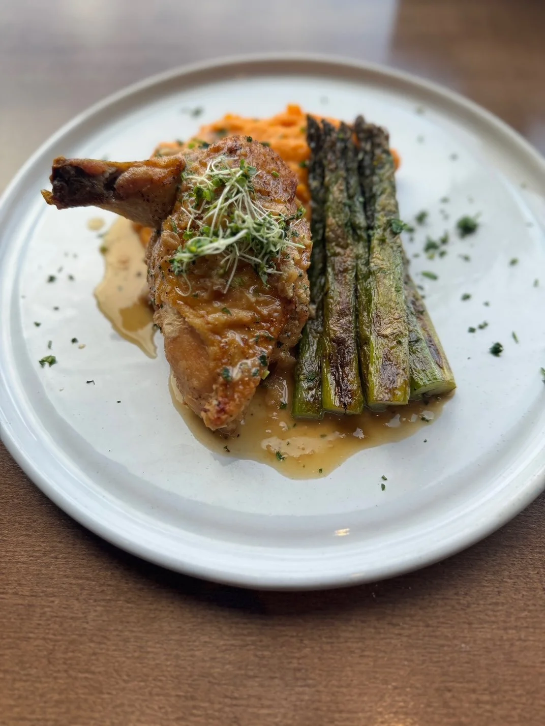 December's Entree of the Month: a winter classic, reimagined.

Pan-seared chicken, silky white wine + garlic sauce, sweet potato mash, and perfectly grilled asparagus.