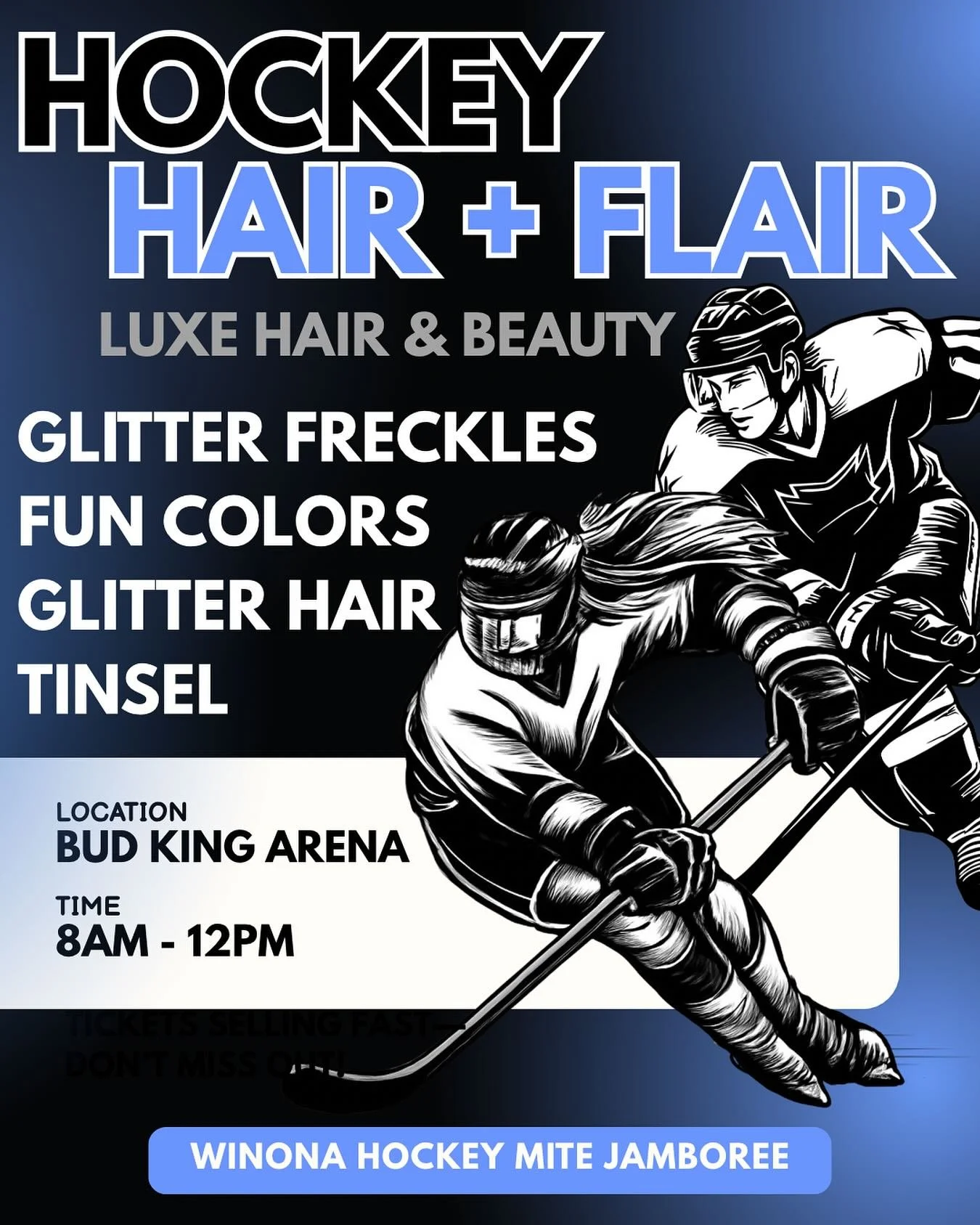 Are you on the ice or in the stands this Saturday at the Winona Hockey Jamboree?! 🤩

Come see the Luxe team from 8&ndash;12! We&rsquo;ll have temporary glitter tattoos, pops of washable color, hair glitter, and reusable clip-in tinsel. We can&rsquo;