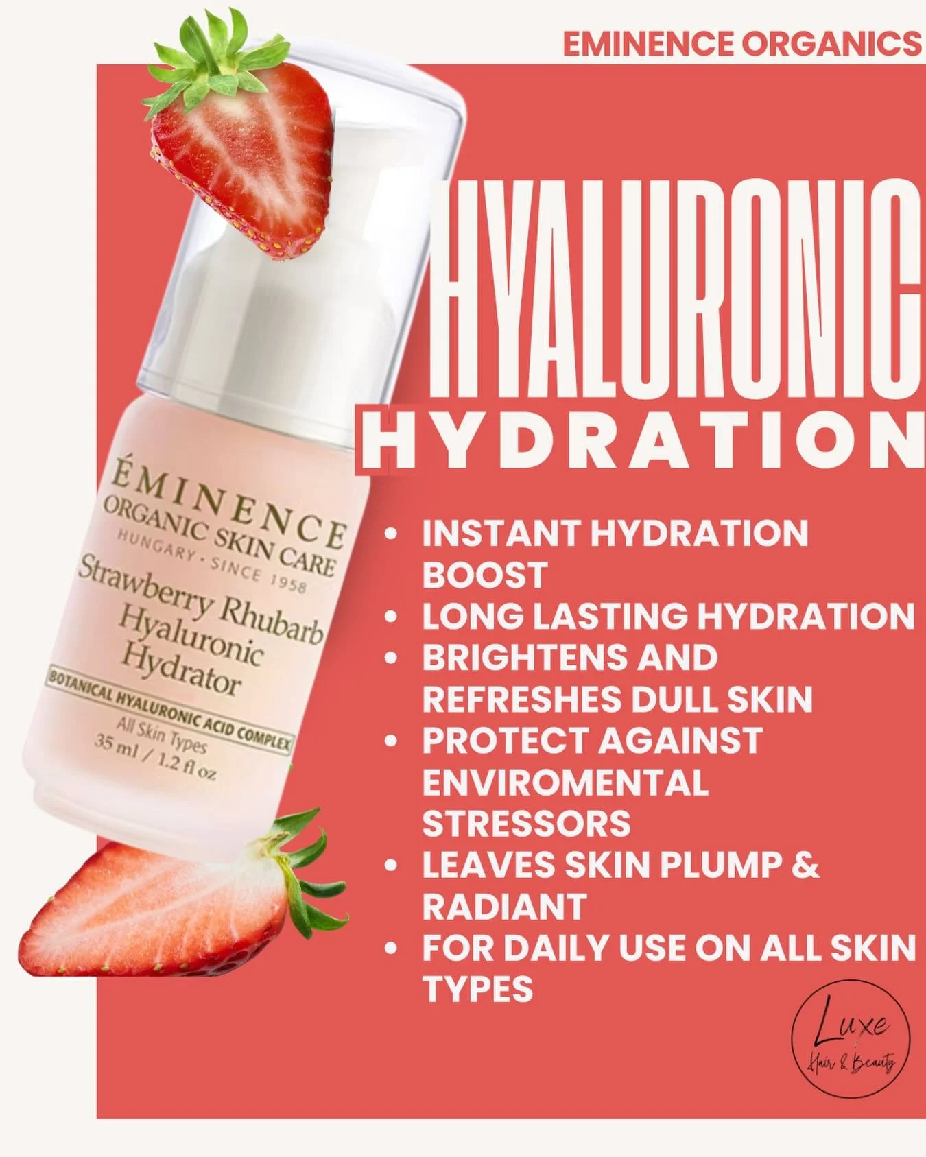 STRAWBERRY RHUBARB
 HYALURONIC HYDRATOR 🍓✨

This lightweight moisturizer is AMAZING. Retails for $66 + tax &mdash;> available at Luxe or online using the link in our bio! 💌

You need this in your routine! 🤍