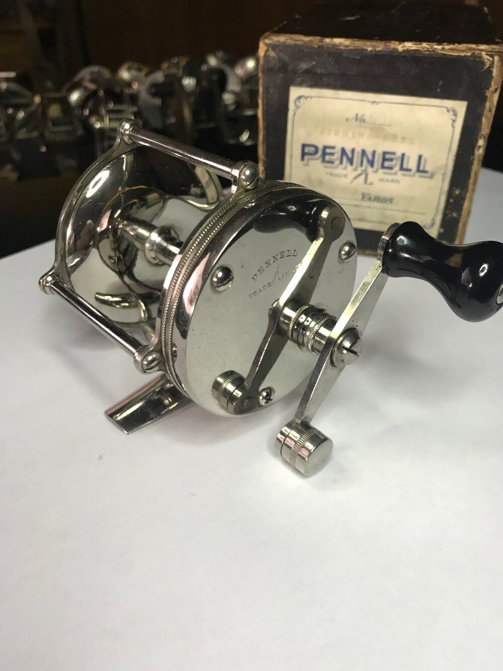 Montague Pennell Trademark 150 Yard Circa-1900 with Original tall Chimney  box — VINTAGE FISHING REELS