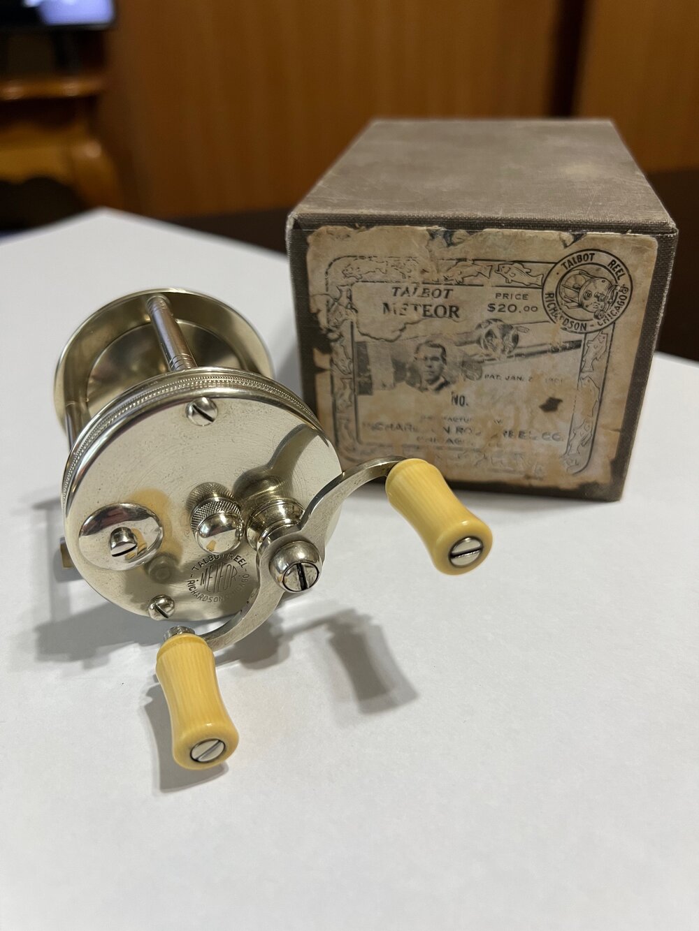 Talbot Reel Co. METEOR with Original Rare Matching Serial Numbered #5113  Picture Box Richardson, Chicago - Circa- 1920 — VINTAGE FISHING REELS