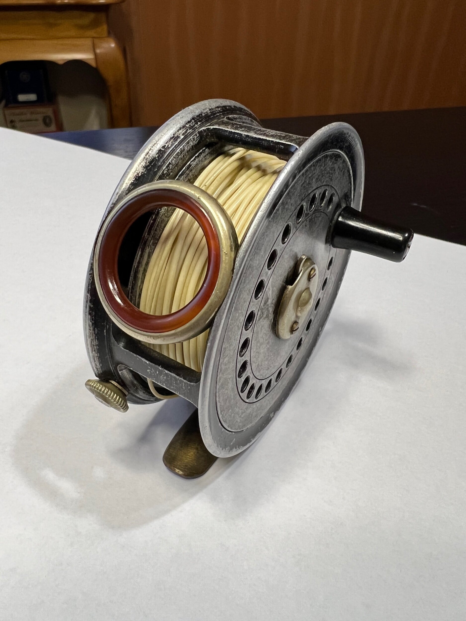 Vintage JW Young & Sons Beaudex Fly Fishing Reel Dia 3 with Red Agate.  Rare.