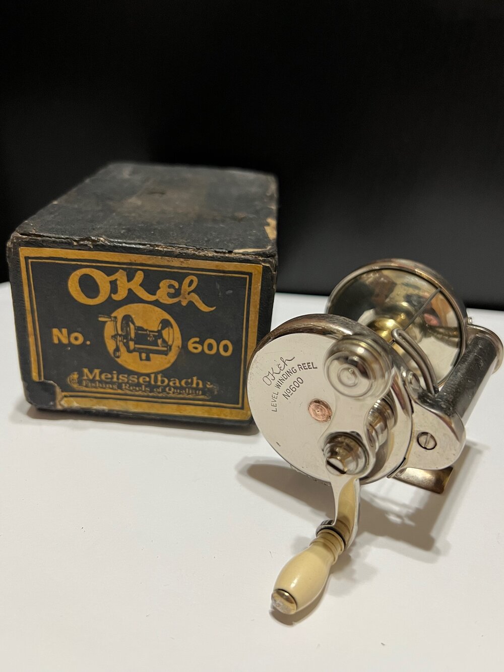 Meisselbach OKEH #600 Taka-Part Levelwind with Rare Original Box Circa-1925  — VINTAGE FISHING REELS