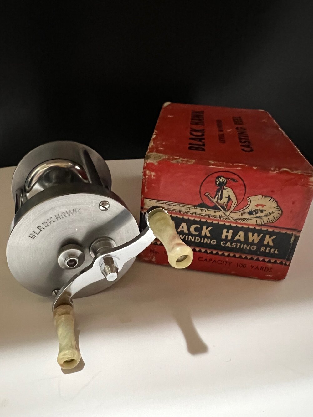 Ocean City BLACK HAWK Trade reel for Sears Roebuck & Co. Chicago, ILL.  Level Wind Jeweled with Original Box Circa-1934 — VINTAGE FISHING REELS