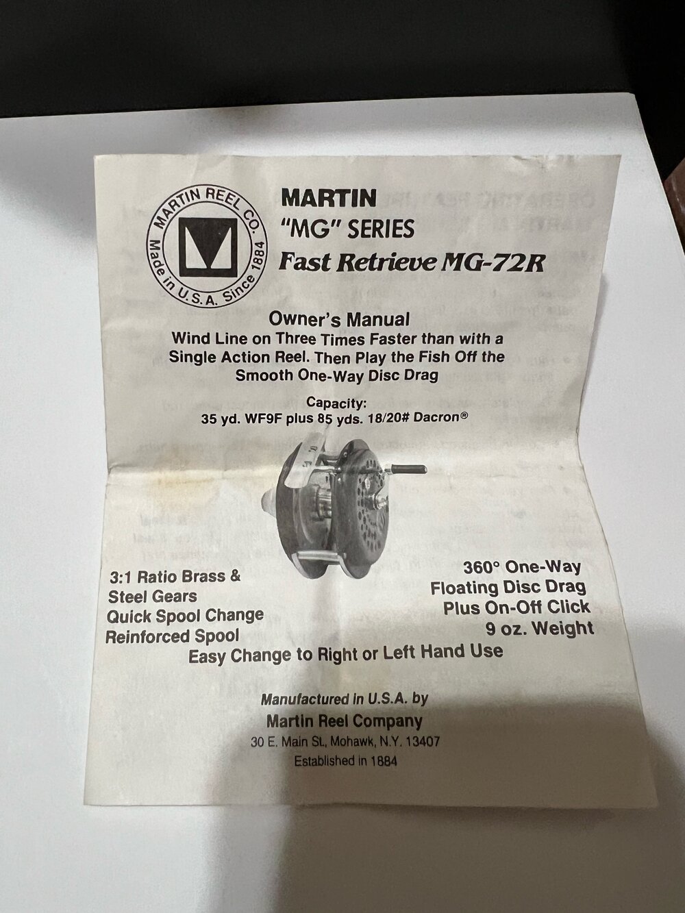 Martin MG-72 Fly fishing Reel with Original Box & Manual Mohawk