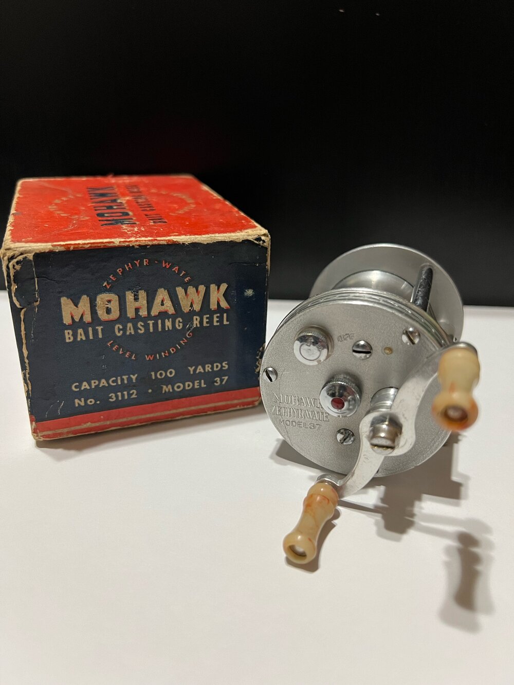 Ocean City MOHAWK ZEPHYR-WATE Model 37 Trade Reel for Sears Roebuck & Co.  Aluminum Level Wind Jeweled with Original Box Circa-1938 — VINTAGE FISHING