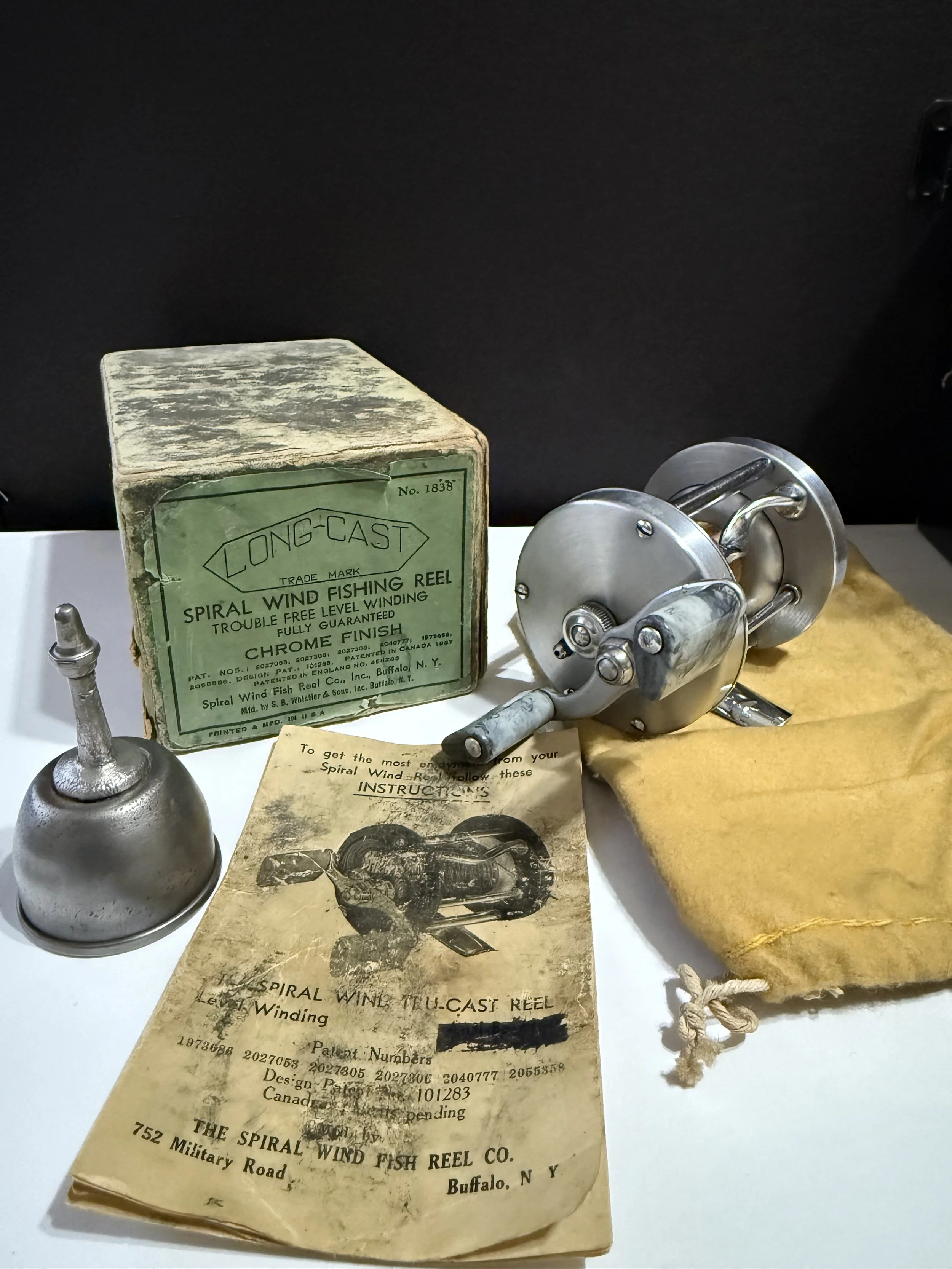 Spiral Wind " LONG-CAST" Level Wind Chrome Finish Buffalo N.Y. with Original Box, Bag & Oiler Circa -1933
