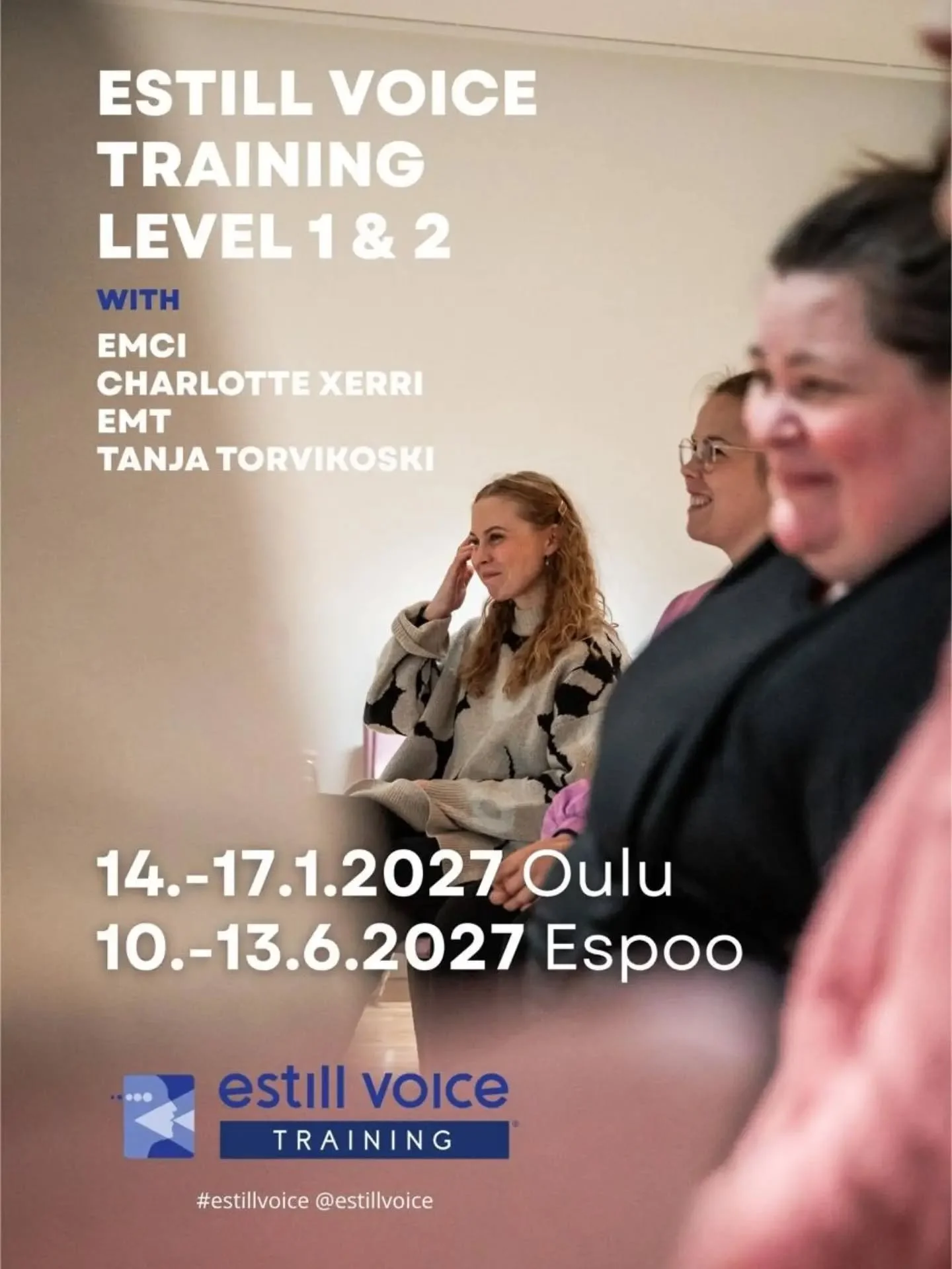Tervetuloa Estill Voice Training Level 1 &amp; 2 -kurssille Ouluun ja Espooseen! Kouluttajina toimivat EMCI Charlotte Xerri (UK) sek&auml; EMT Tanja Torvikoski

Estill-&auml;&auml;nimalli soveltuu kaikille &auml;&auml;nen kanssa tai &auml;&auml;nell&