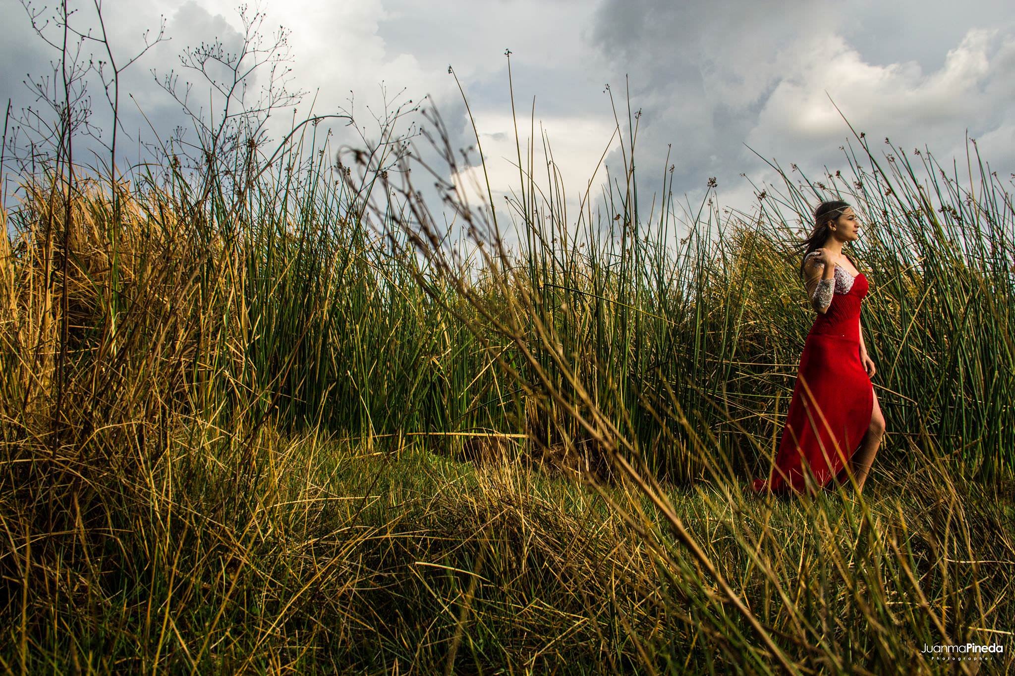 Mujer con vestido rojo caminando entre pasto alto en un campo abierto con cielo nublado.