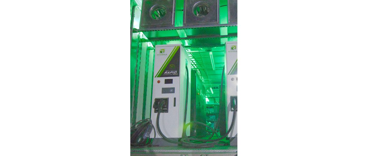EV Rapid Chargers with green background lighting in the MEC-Hydrogen System (Copy)