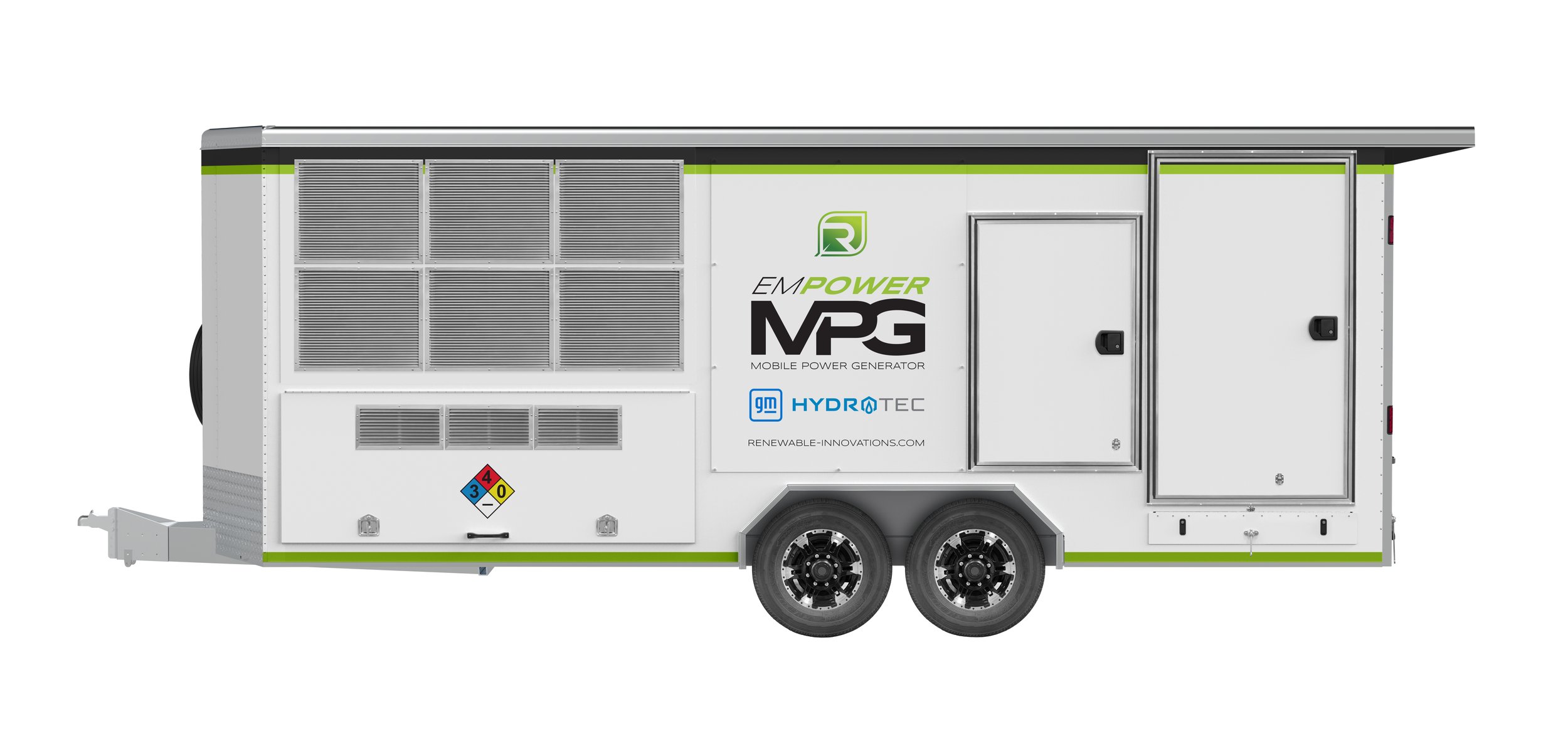 Side view of MPG (Hydrogen Mobile Power Generator) with doors closed