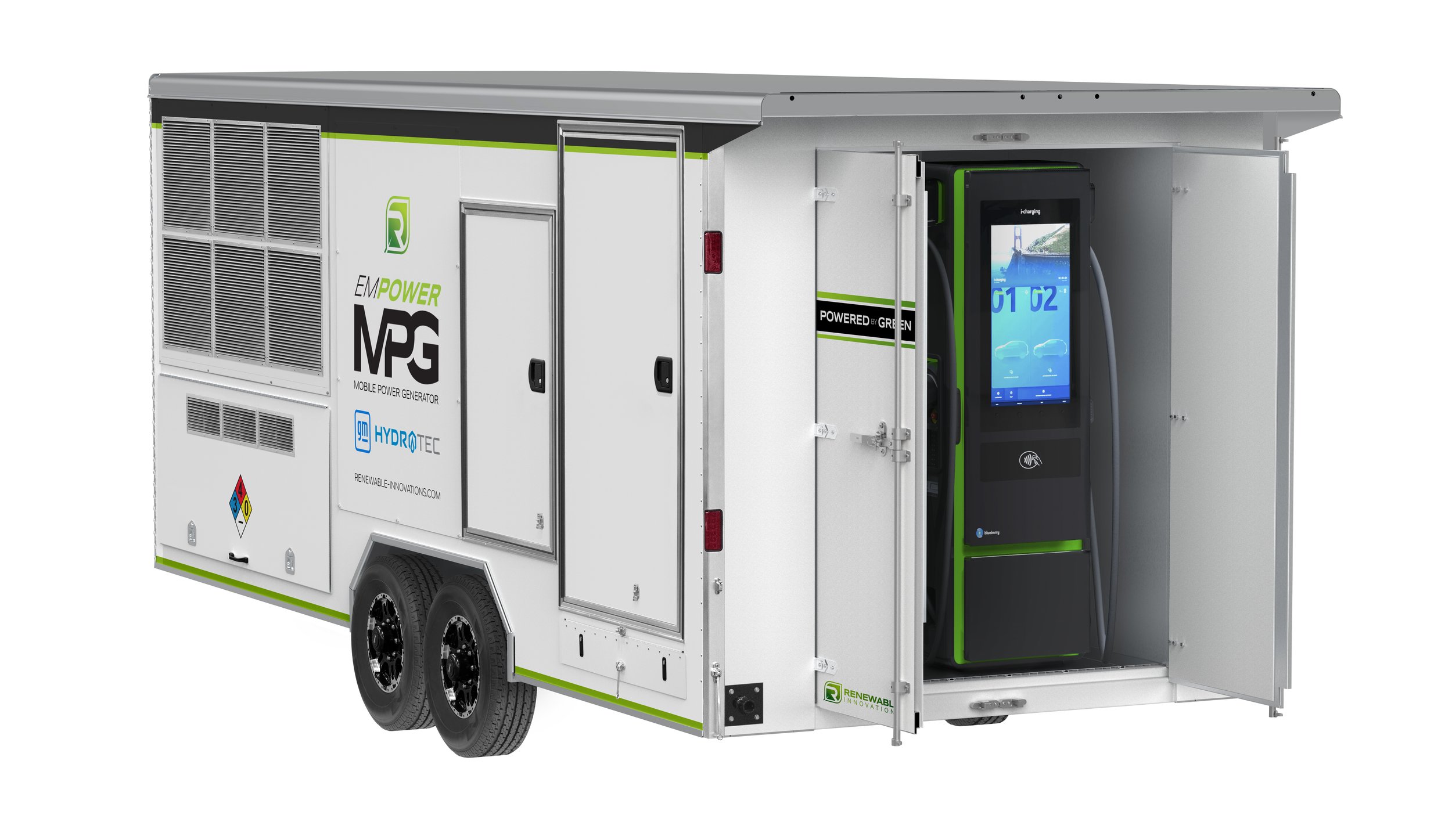 Hydrogen Mobile Power Generator (MPG) shown with back doors open and visible EV Rapid Charger inside.