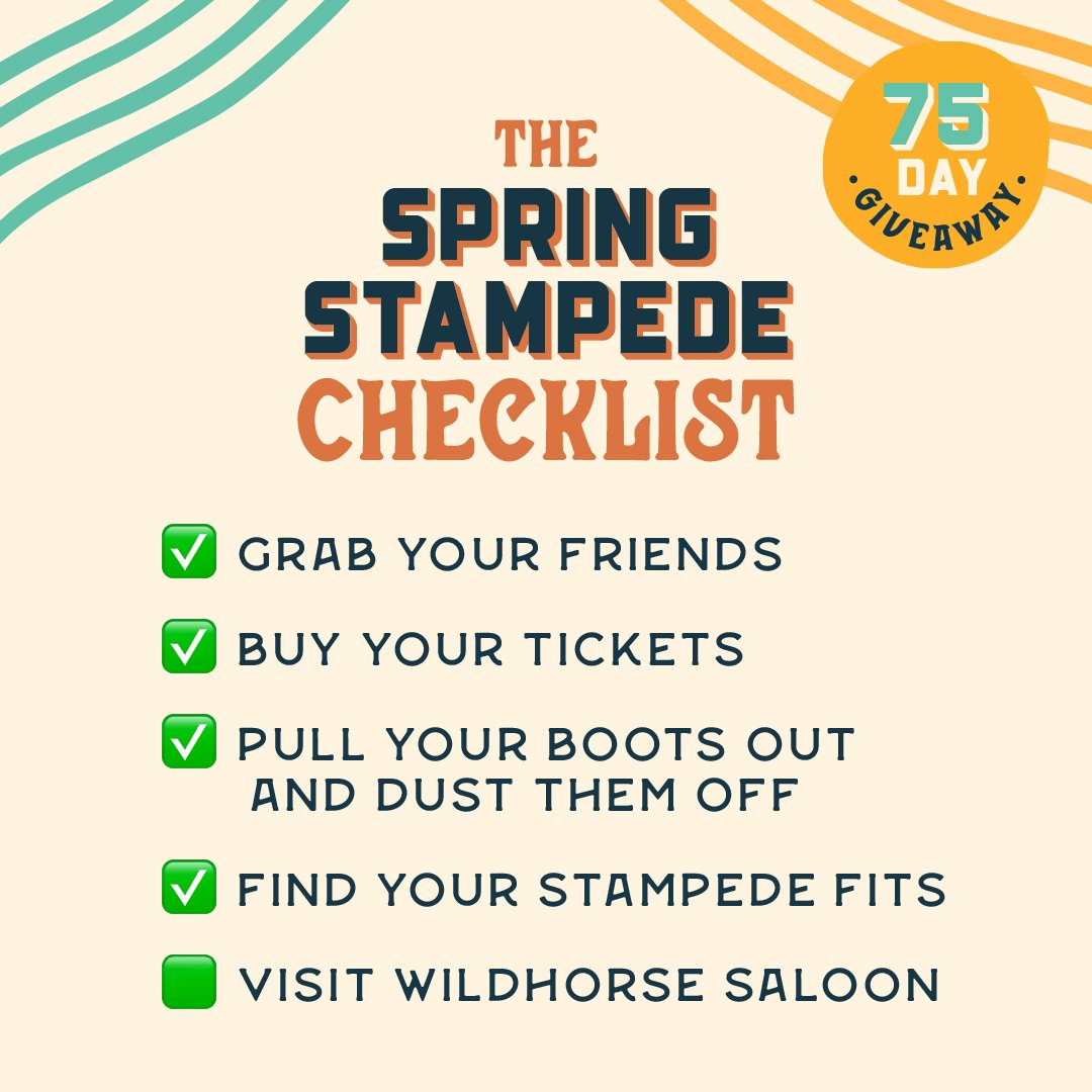 🐎GIVEAWAY🐎

T-minus 75 days until the best 10 days of the year! Stampede is officially on the horizon, and what better way to look forward to it than by creating a checklist for yourself so you can prepare for the best Stampede season yet! We made 