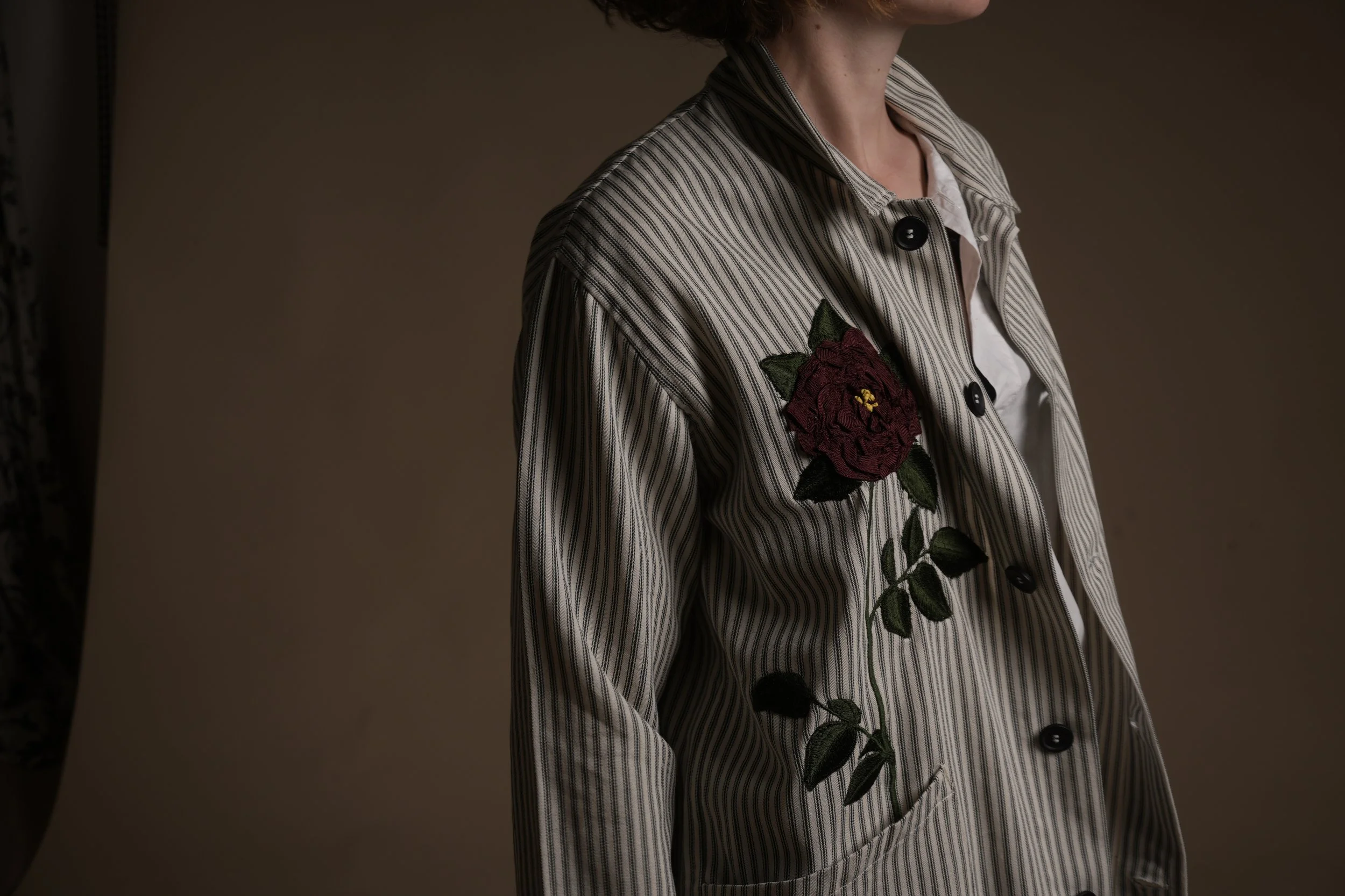 Carrier Company x Lora Avedian - 'Climbing Rose'  Ticking Work Jacket - PRE-ORDER
